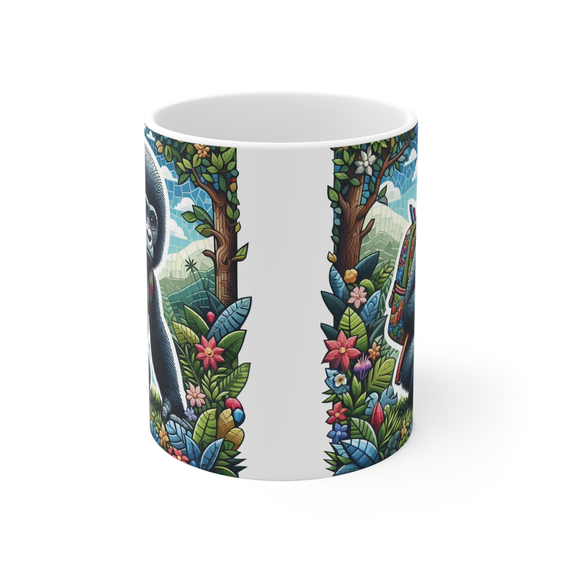Cartoon gorilla with backpack mug design, detailed jungle illustration with bright floral background for unique gift