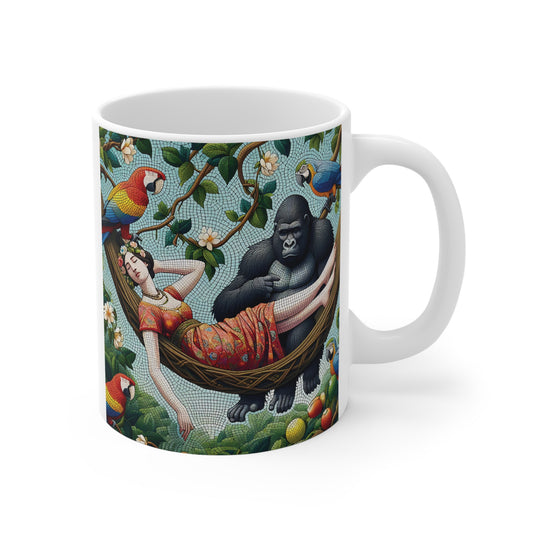Artistic gorilla and woman hammock mug with tropical parrots and jungle floral design on ceramic coffee cup