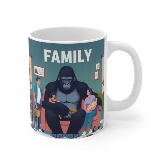 "Family" gorilla coffee mug design showing a gorilla as a protective father figure in a domestic living room scene, unique gift for dad or animal lovers.
