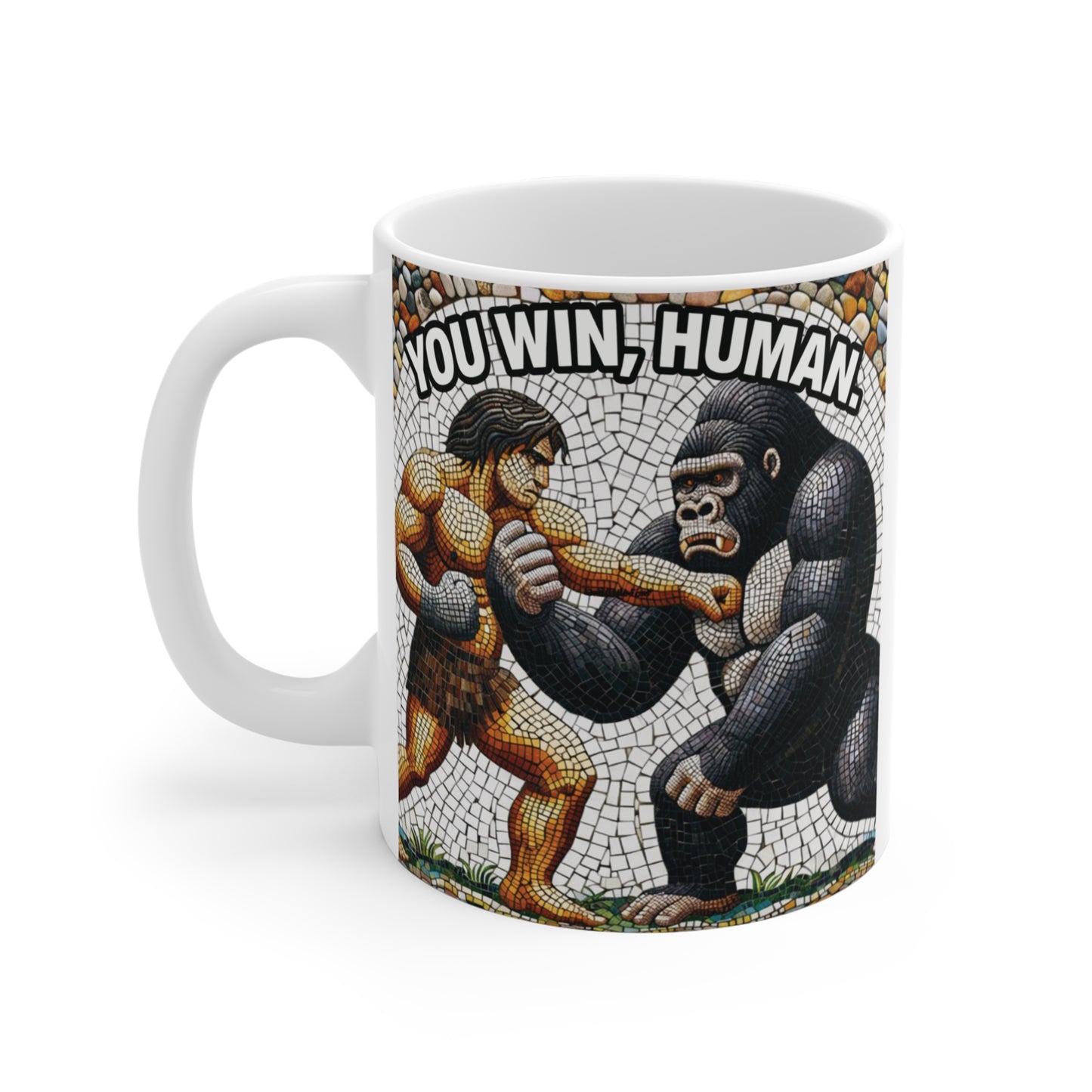 Novelty gorilla mug with “You Win, Human” text, unique animal meme coffee cup, funny gift for coworker or friend