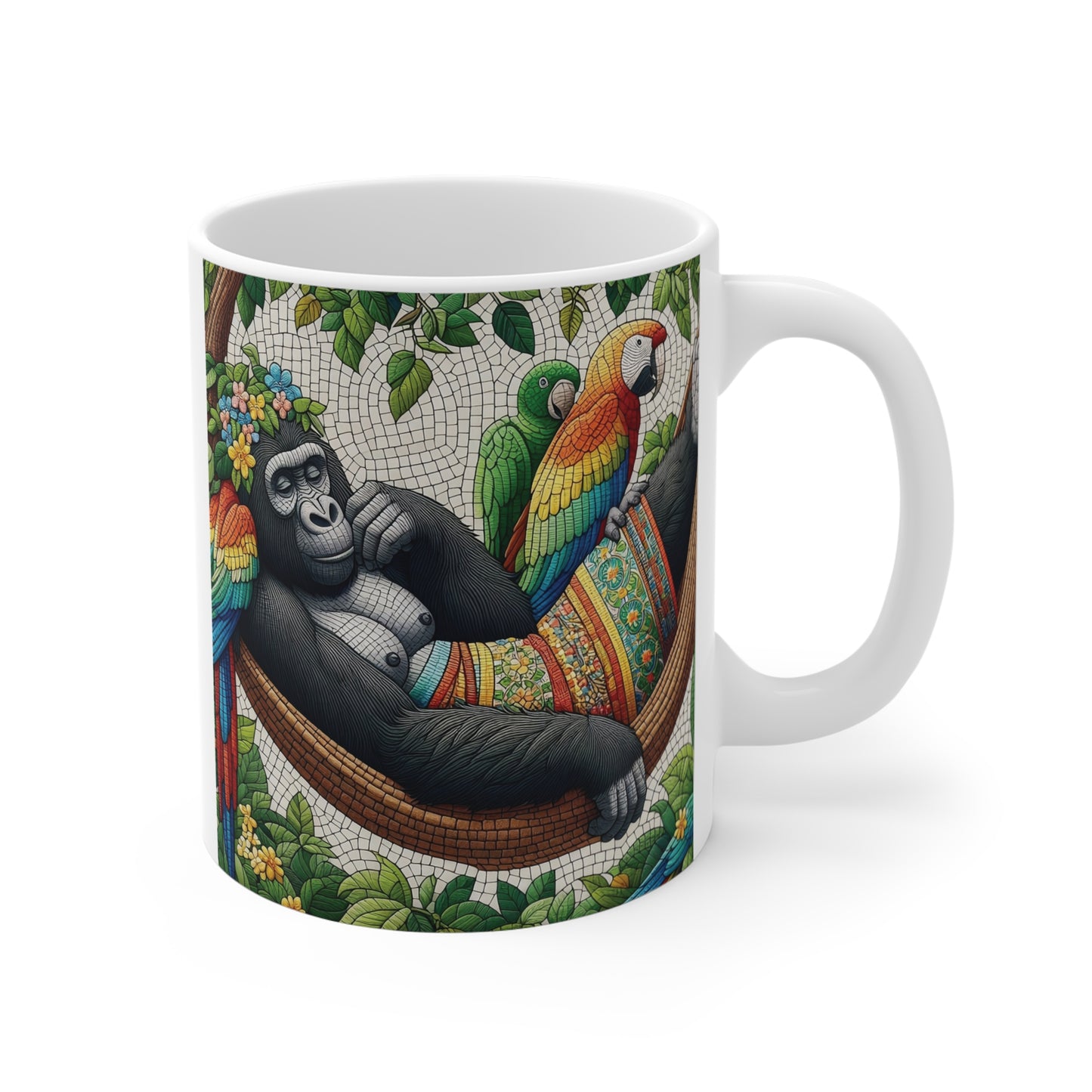 Tropical gorilla and parrot mug featuring a relaxing ape in a hammock surrounded by colorful parrots and jungle leaves in mosaic art style