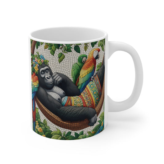 Tropical gorilla and parrot mug featuring a relaxing ape in a hammock surrounded by colorful parrots and jungle leaves in mosaic art style