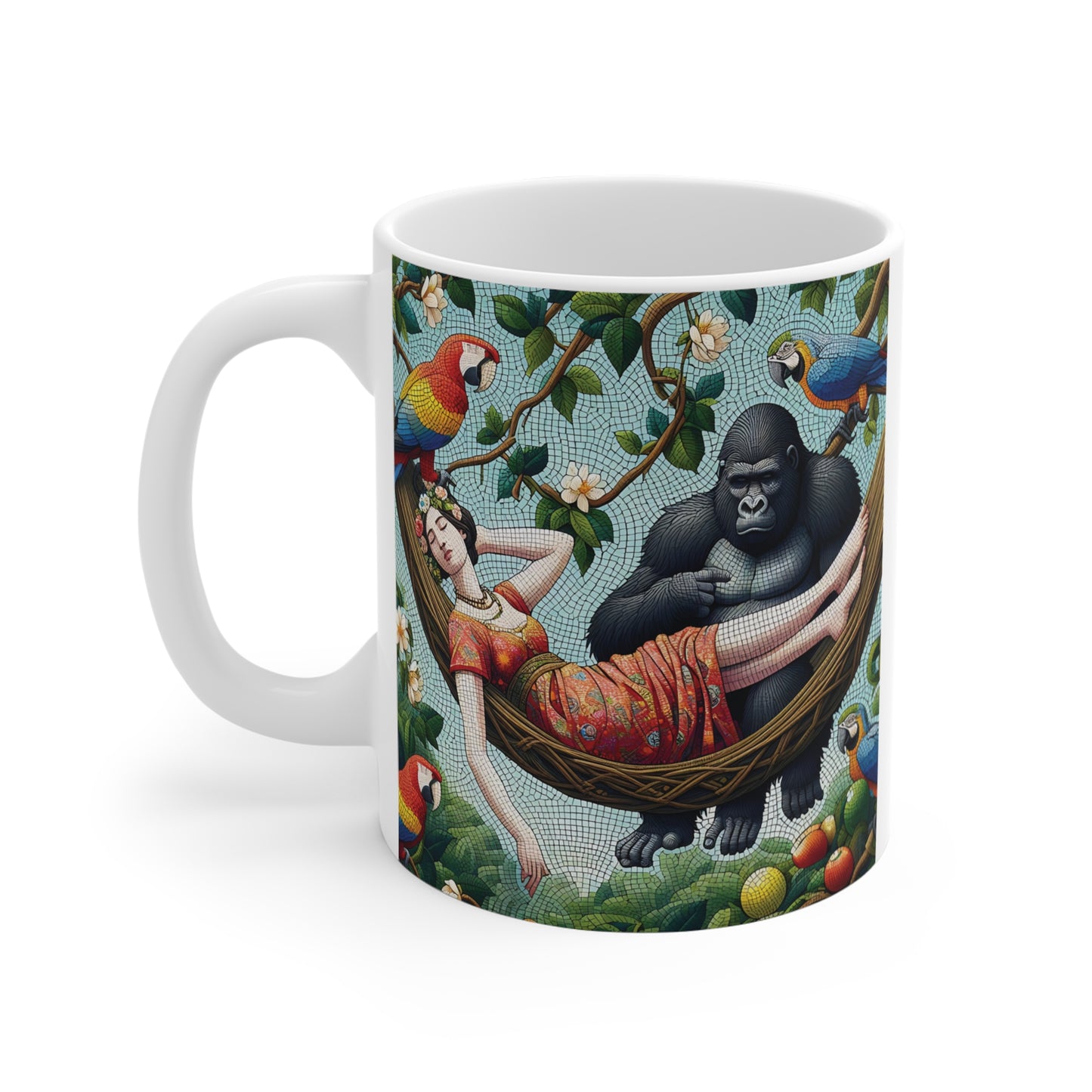 Unique jungle scene mug featuring gorilla relaxing with woman in hammock surrounded by colorful birds and flowers