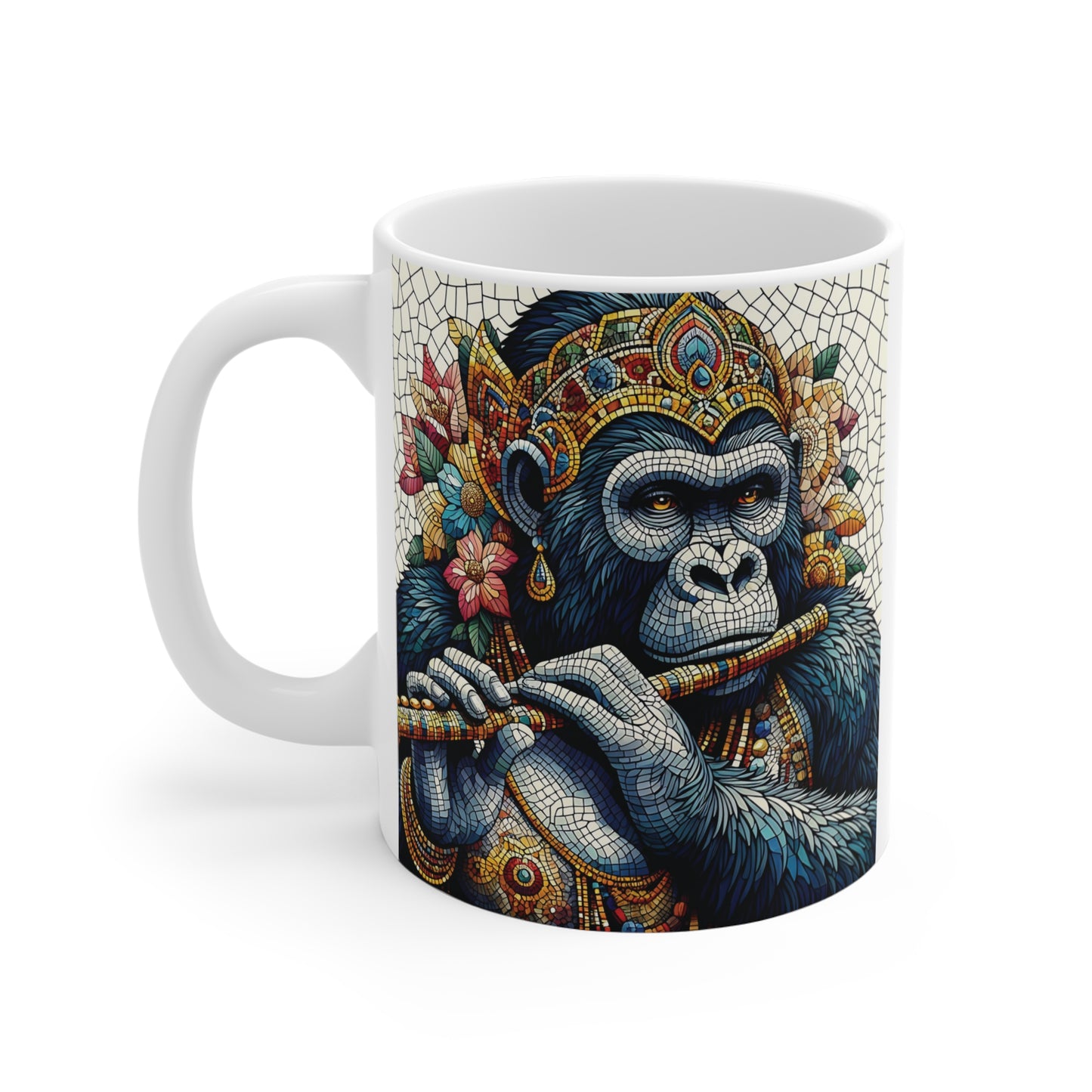 Unique gorilla musician mug with intricate mosaic artwork, floral accents, and boho-inspired colorful ceramic coffee cup design