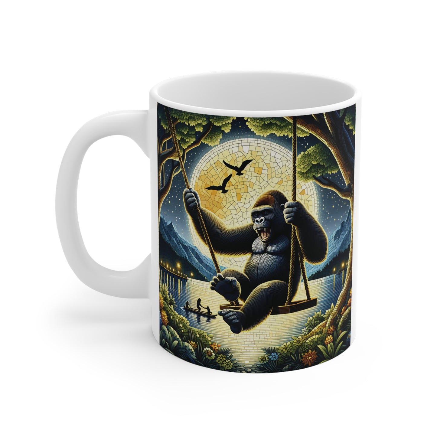 Gorilla Night Scene Mug – Artistic Gorilla Swinging by the Lake Under Full Moon Ceramic Coffee Cup with Mosaic Design