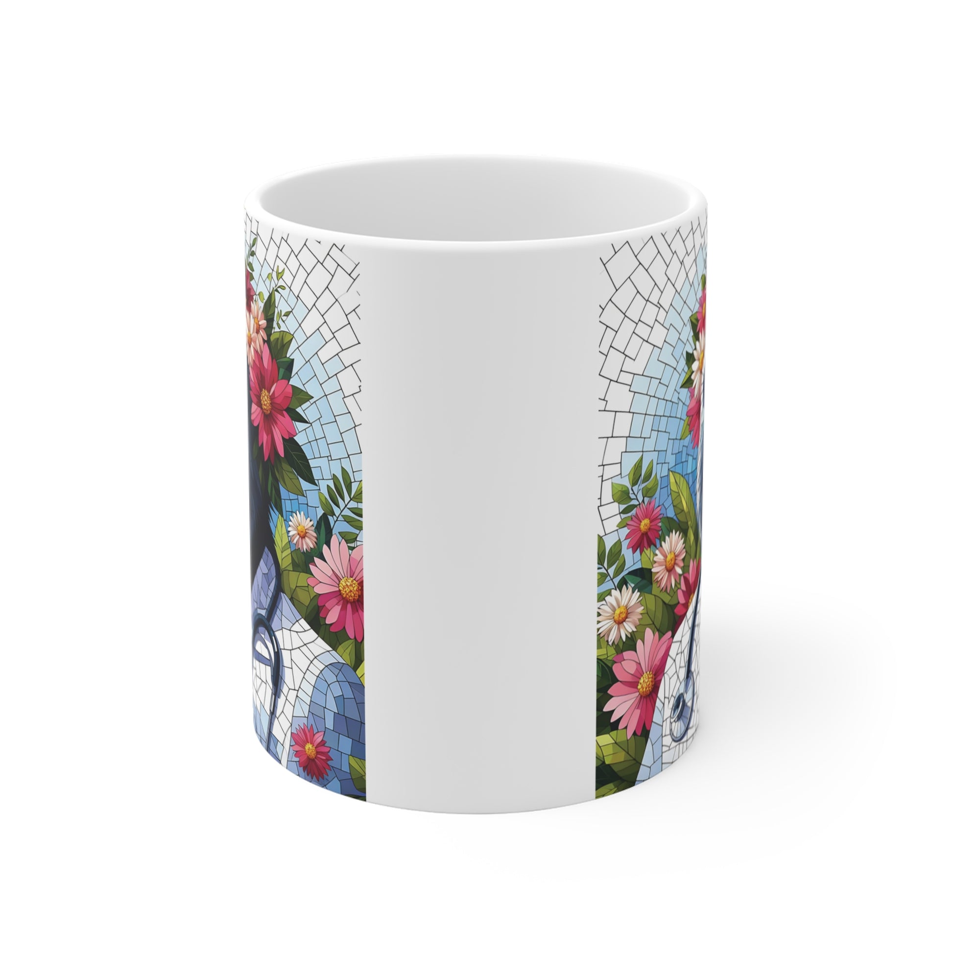 Funny nurse gorilla mug featuring floral artwork, medical scrubs, and vibrant stained-glass mosaic design.