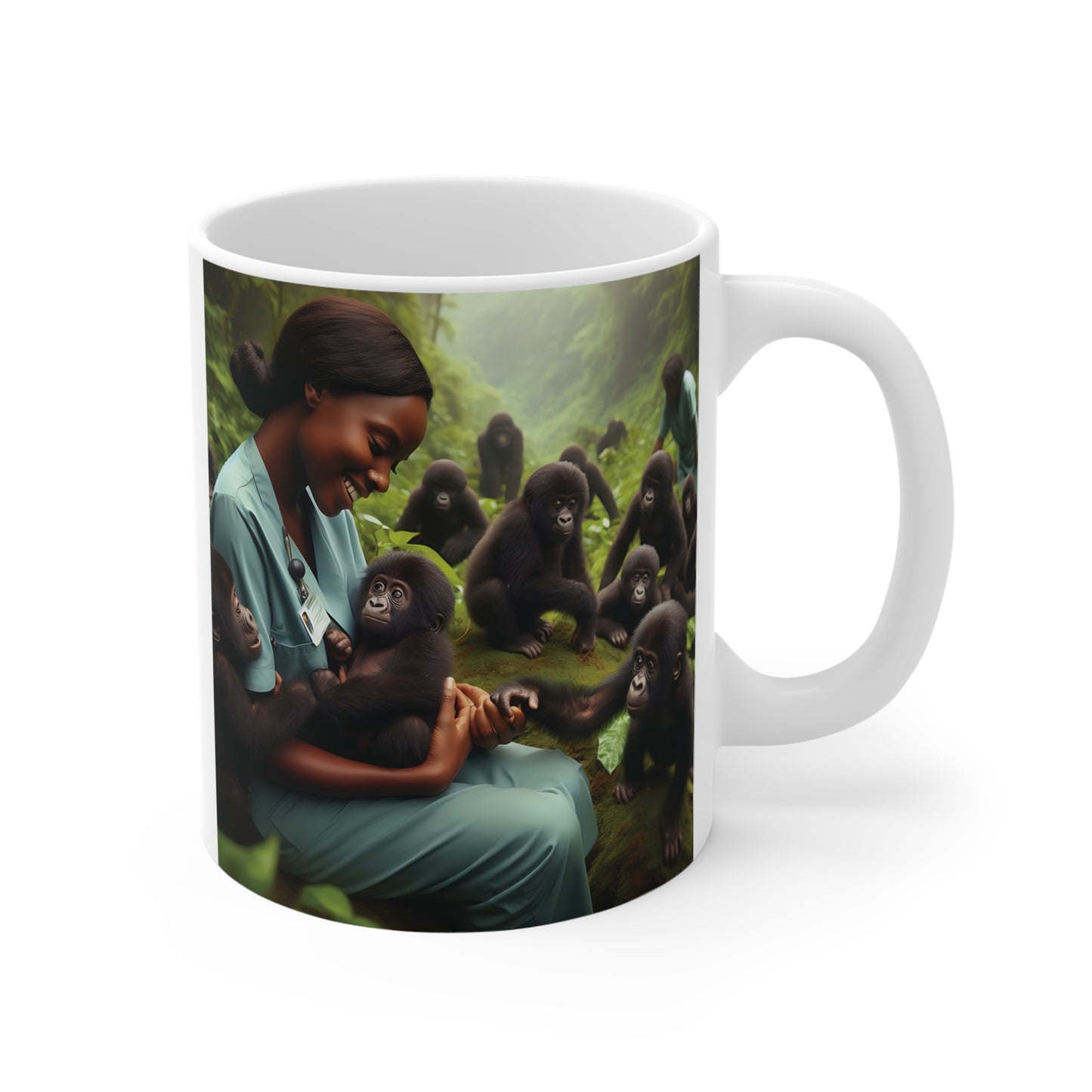 White ceramic mug featuring a smiling nurse caring for baby gorillas in a lush rainforest setting with realistic wildlife-inspired artwork.