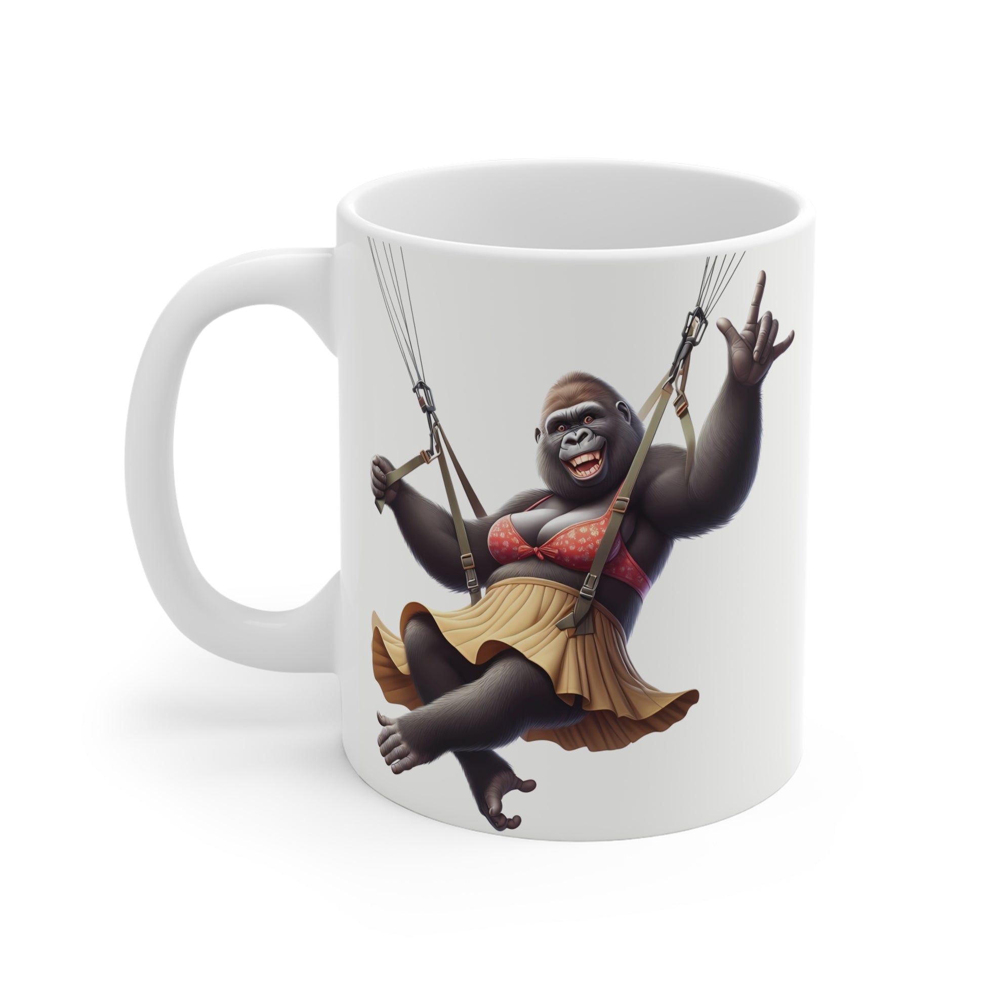 Humorous parachuting gorilla mug design showing a smiling ape flying through the air, creative novelty coffee cup artwork