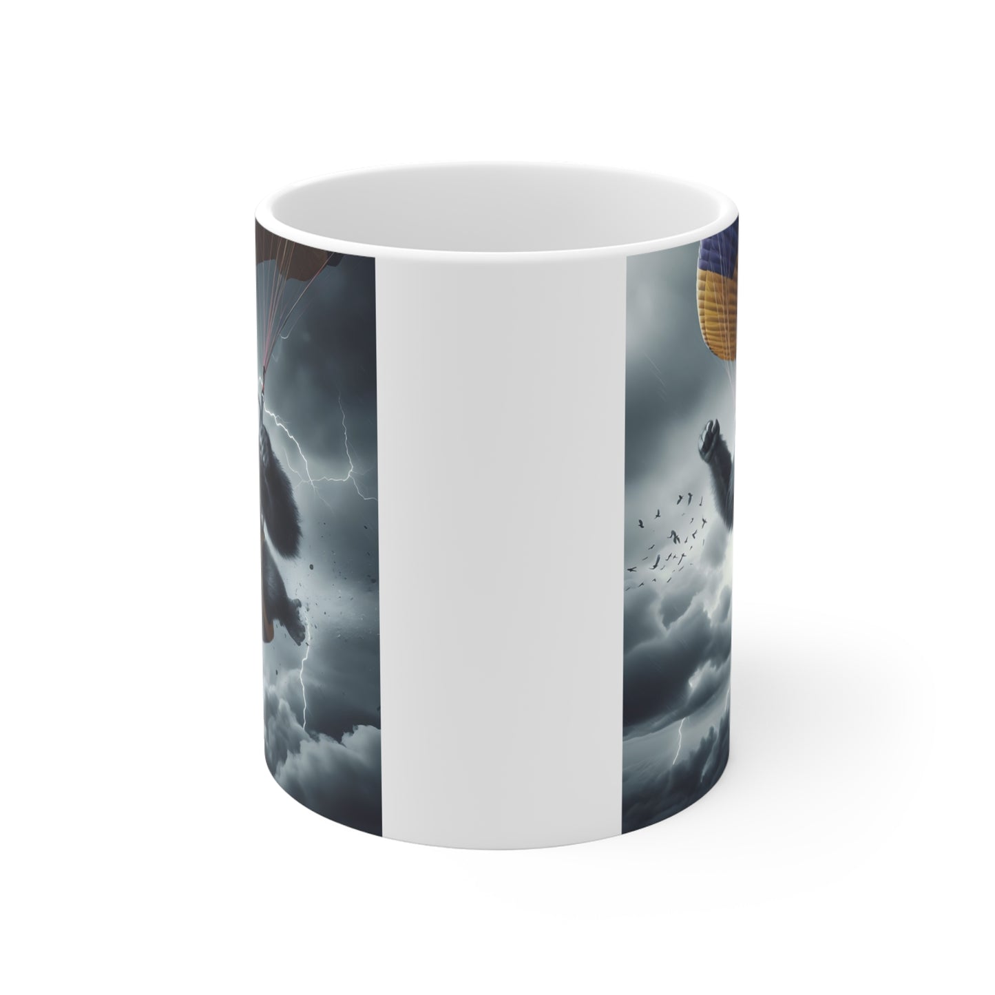 Gorilla parachuting through lightning storm ceramic mug, dramatic wildlife adventure coffee mug, gift for adrenaline lovers