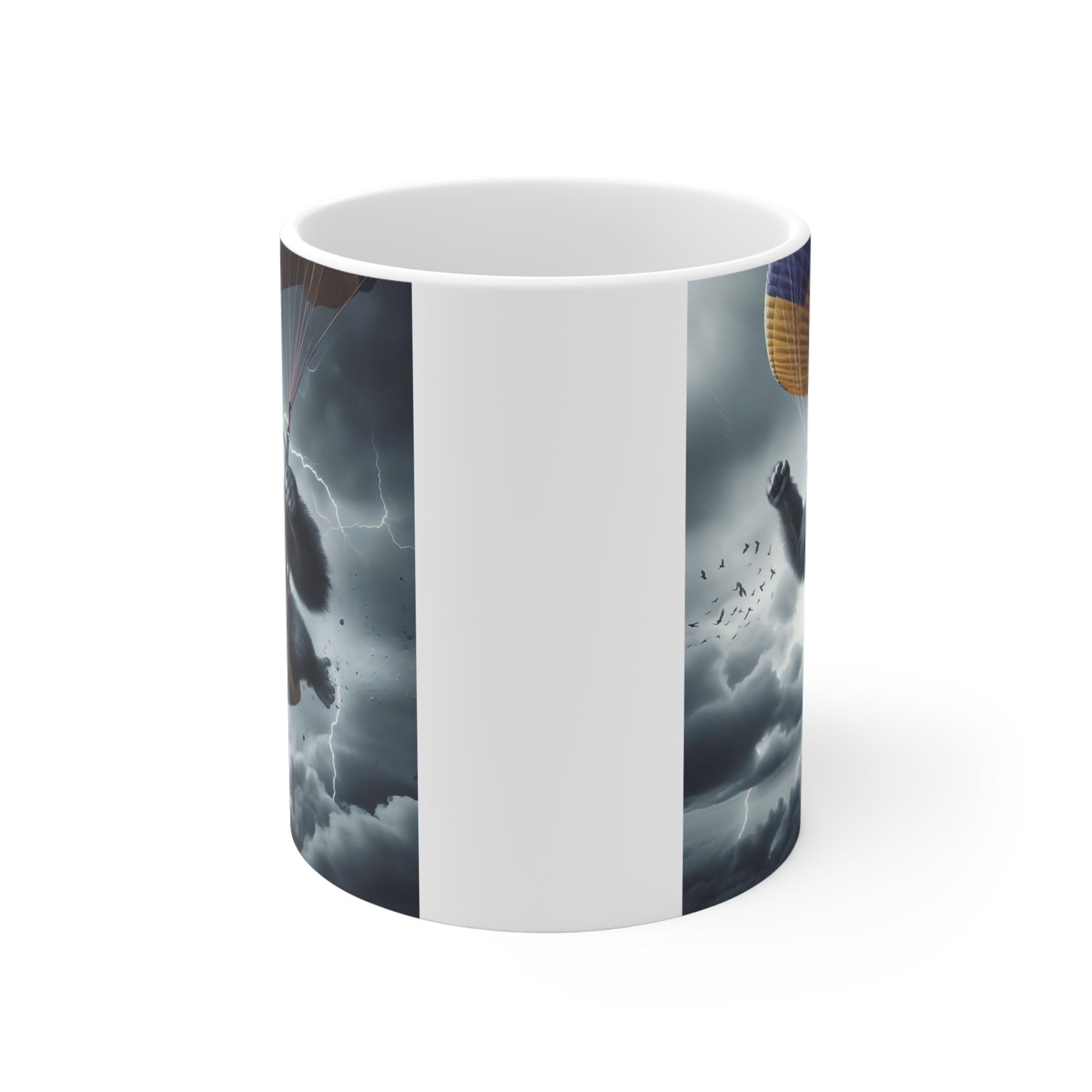 Gorilla parachuting through lightning storm ceramic mug, dramatic wildlife adventure coffee mug, gift for adrenaline lovers