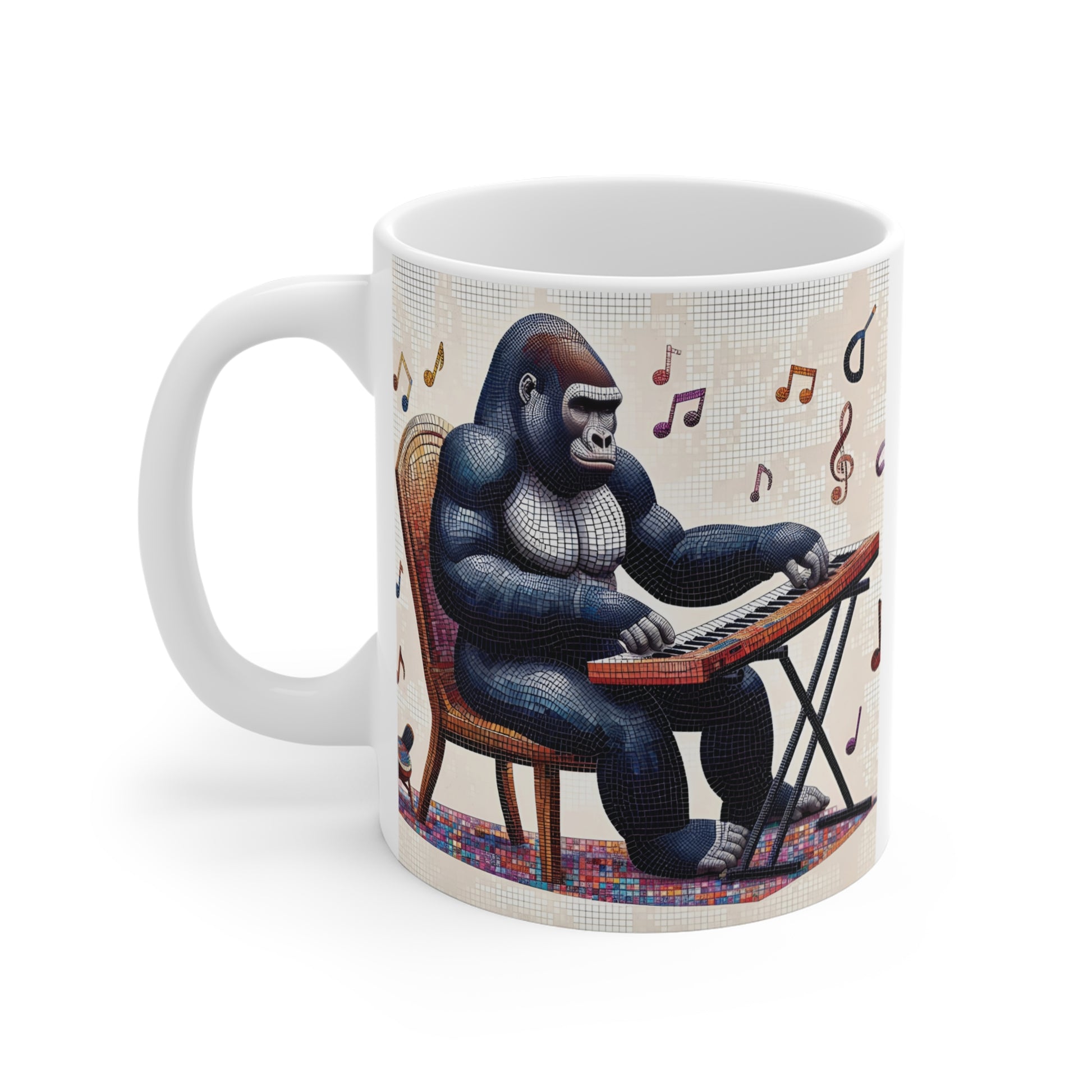 Unique gorilla pianist ceramic mug with detailed mosaic art, floating music notes, and modern musical coffee cup design