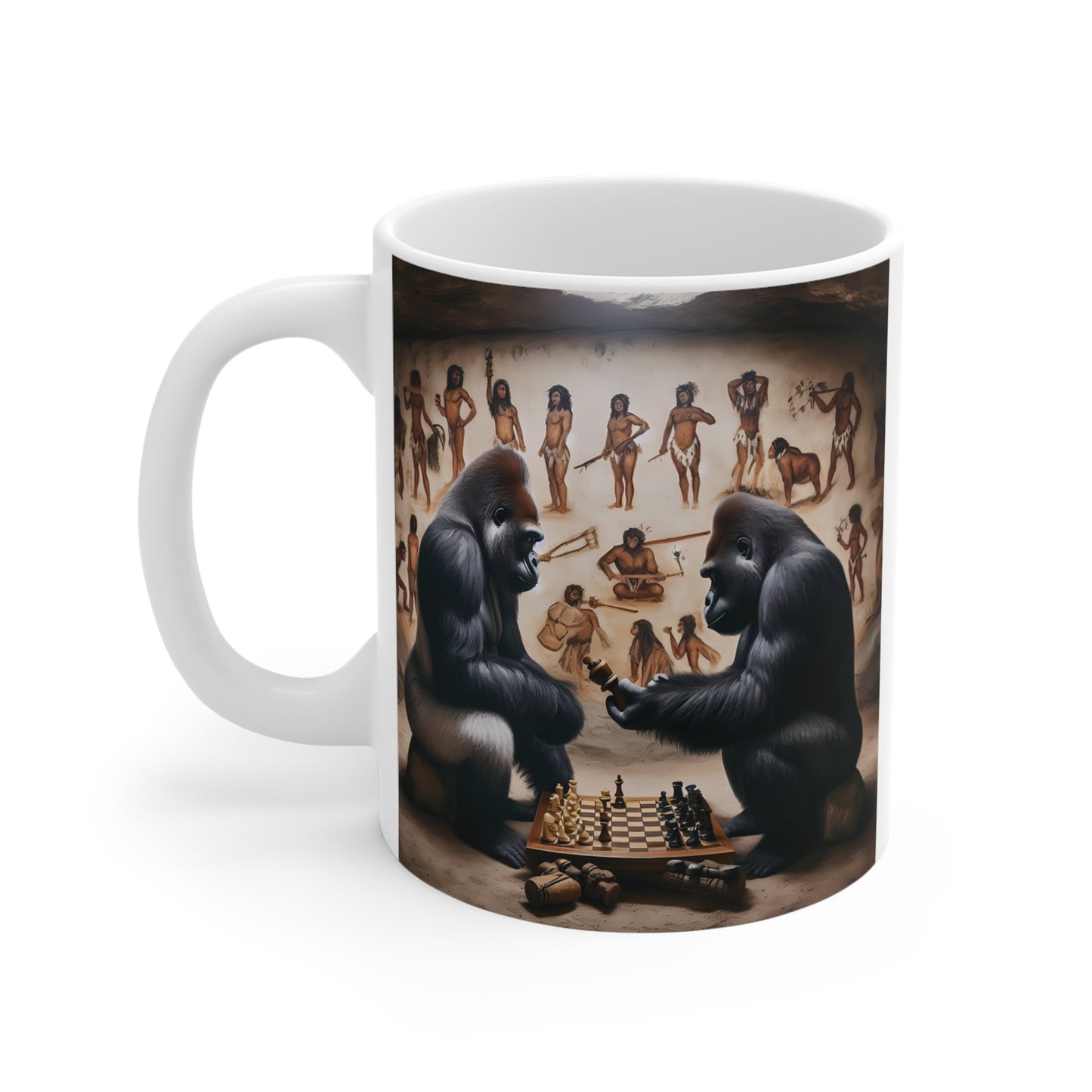 Prehistoric gorilla chess mug showing two gorillas playing chess inside a cave with tribal artwork, creative animal-themed coffee cup

