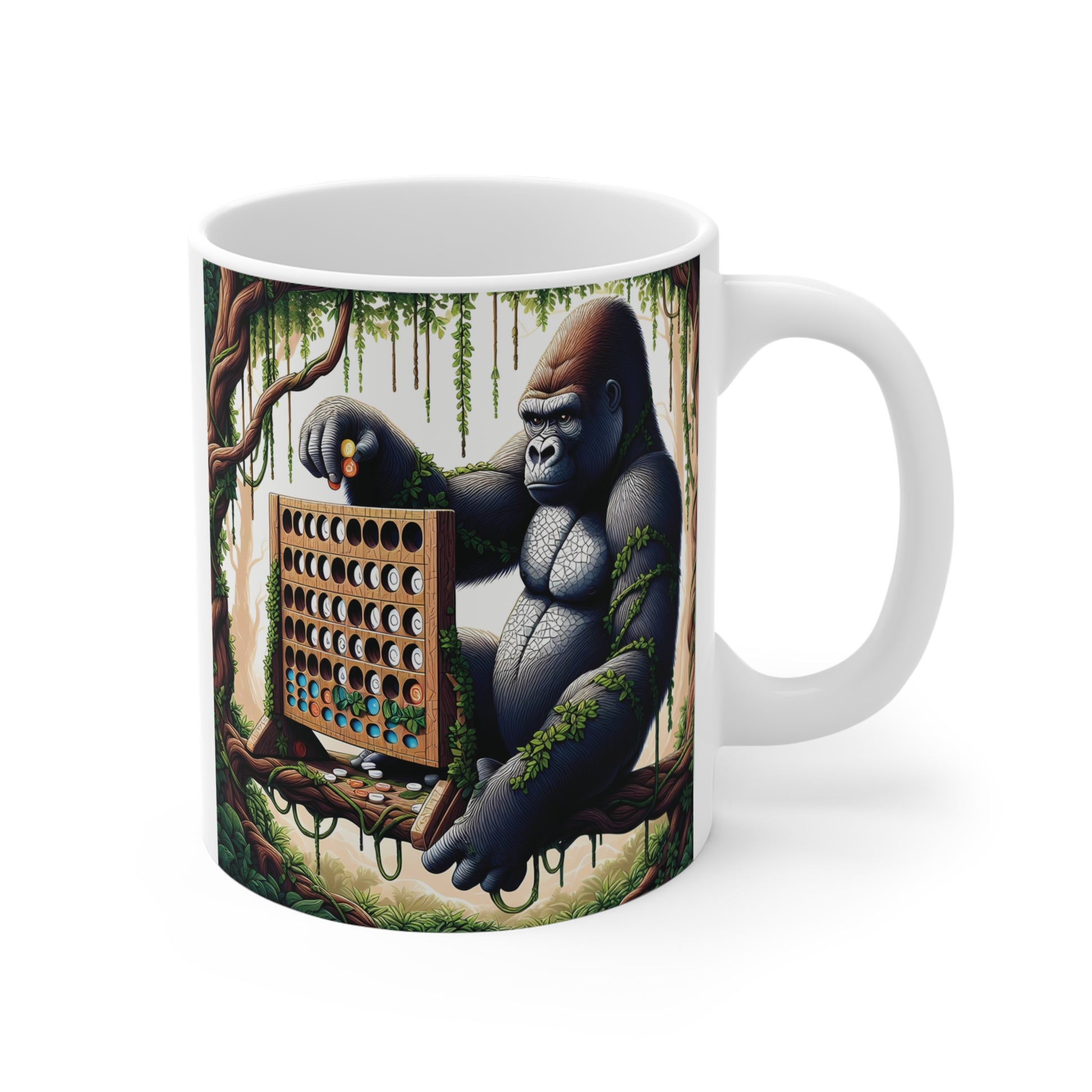 Gorilla Playing Connect Four Coffee Mug – Funny Jungle Gorilla Ceramic Mug for Board Game Lovers and Animal Art Fans