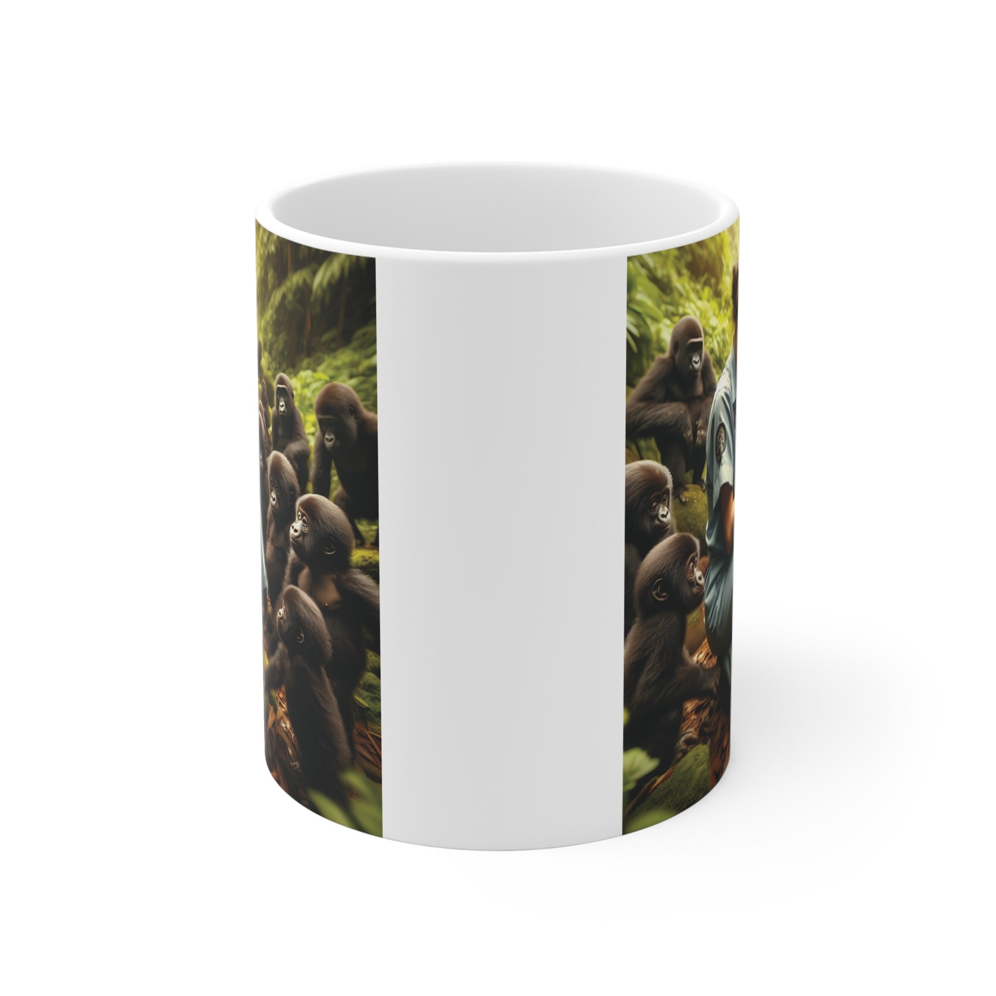 Artistic coffee mug showing a smiling healthcare worker cuddling a baby gorilla among playful gorillas in a tropical forest environment.