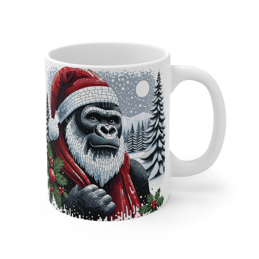 Christmas gorilla Santa mug with mosaic winter artwork, snowy forest background, and festive holiday coffee cup design
