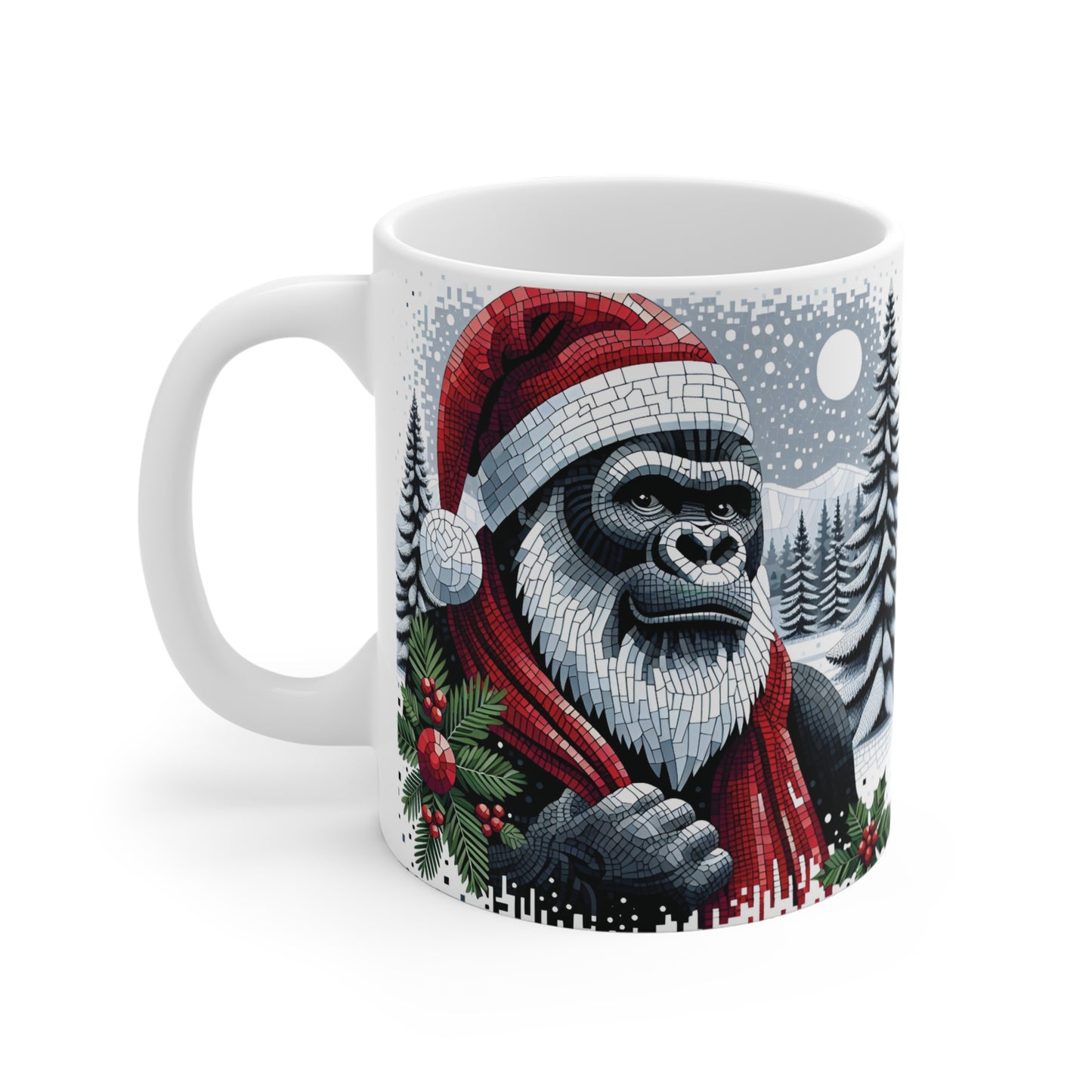 Festive gorilla Santa ceramic mug with snowy pine trees, holiday mosaic design, and cozy Christmas themed artwork