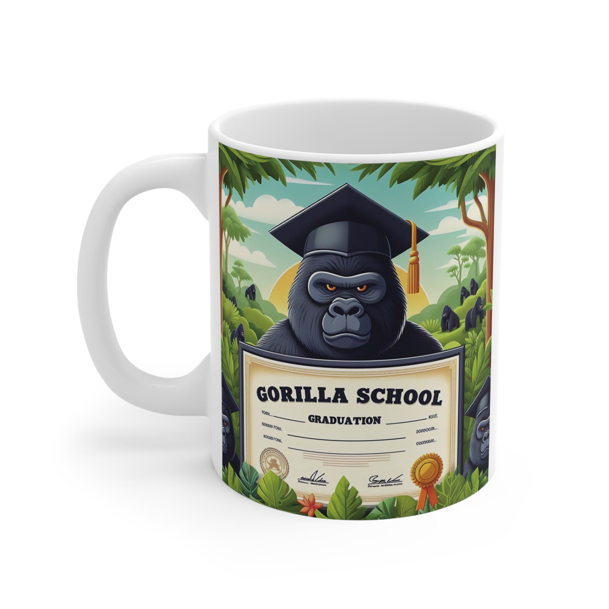 Funny gorilla school graduation mug with cartoon ape wearing mortarboard cap and holding diploma, colorful 11oz ceramic mug for graduates.

