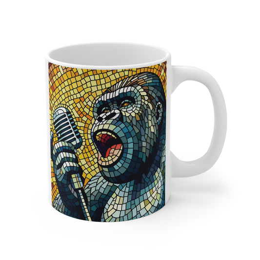 Gorilla singer mosaic mug featuring a roaring gorilla holding a vintage microphone, colorful stained glass style artwork on ceramic coffee mug.