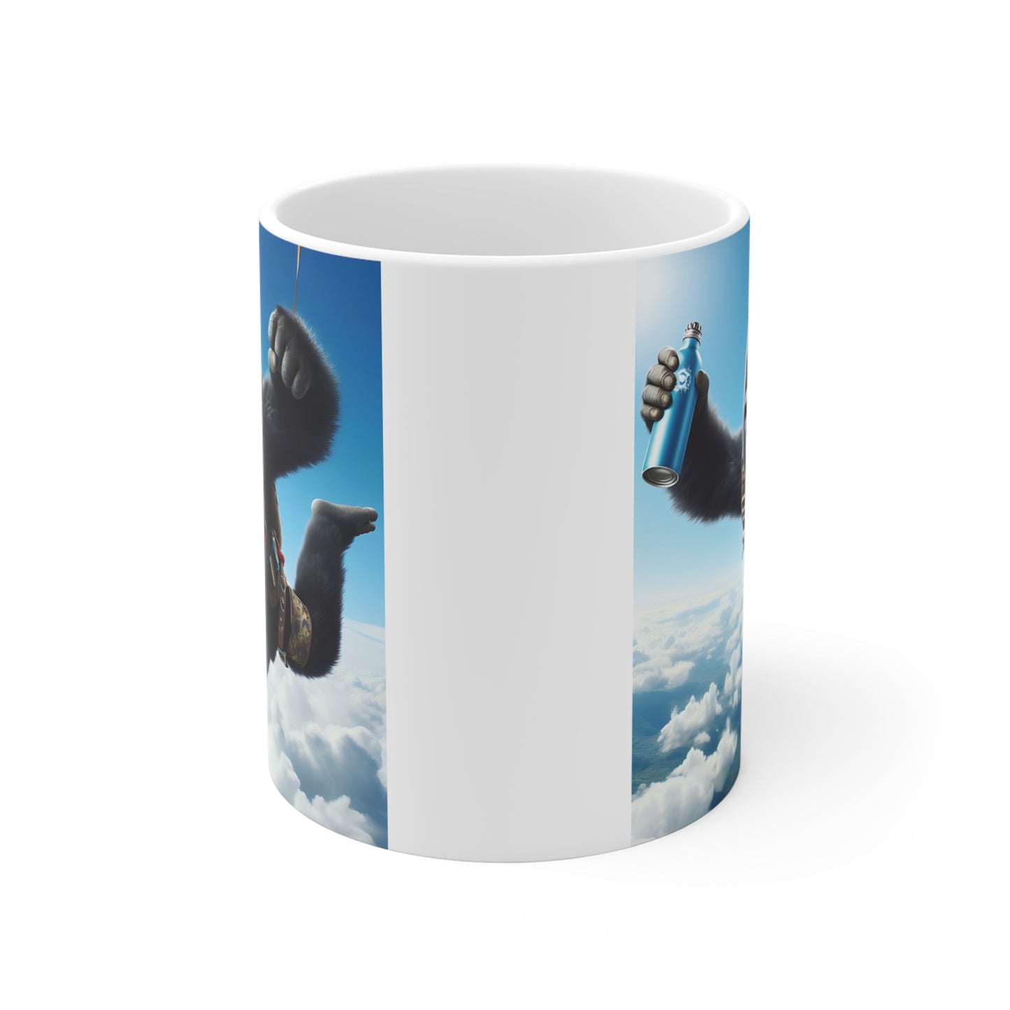 Gorilla skydiver ceramic mug with realistic jungle ape design, parachuting through blue skies for unique animal gift lovers.