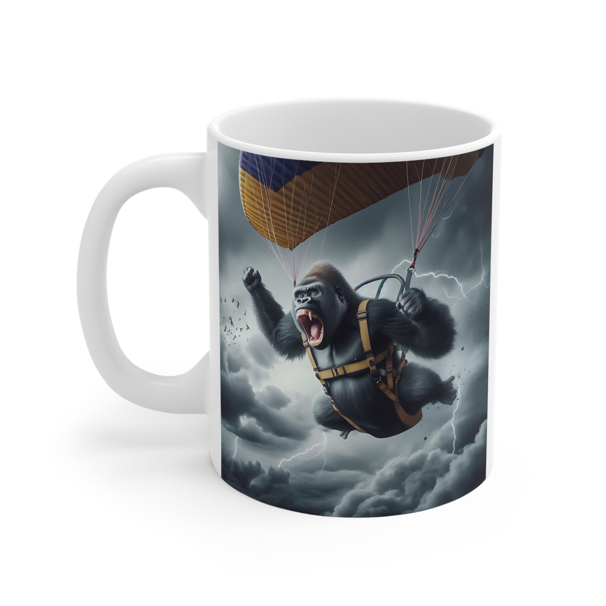 Action-packed gorilla skydiver coffee mug featuring parachute and thunderstorm artwork, unique funny animal mug design