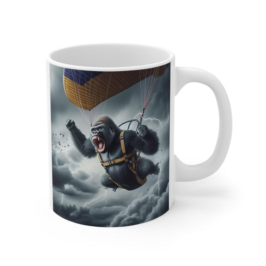 Funny skydiving gorilla mug with storm clouds and parachute, adventurous animal coffee cup for thrill seekers