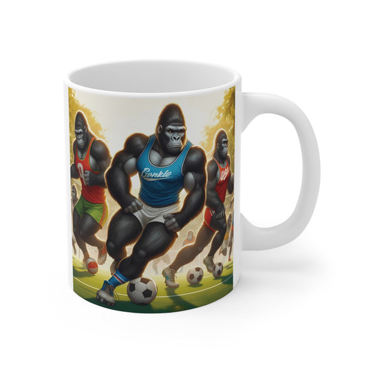 Gorilla soccer player mug featuring powerful cartoon apes playing football on a sporty 11oz ceramic coffee mug design