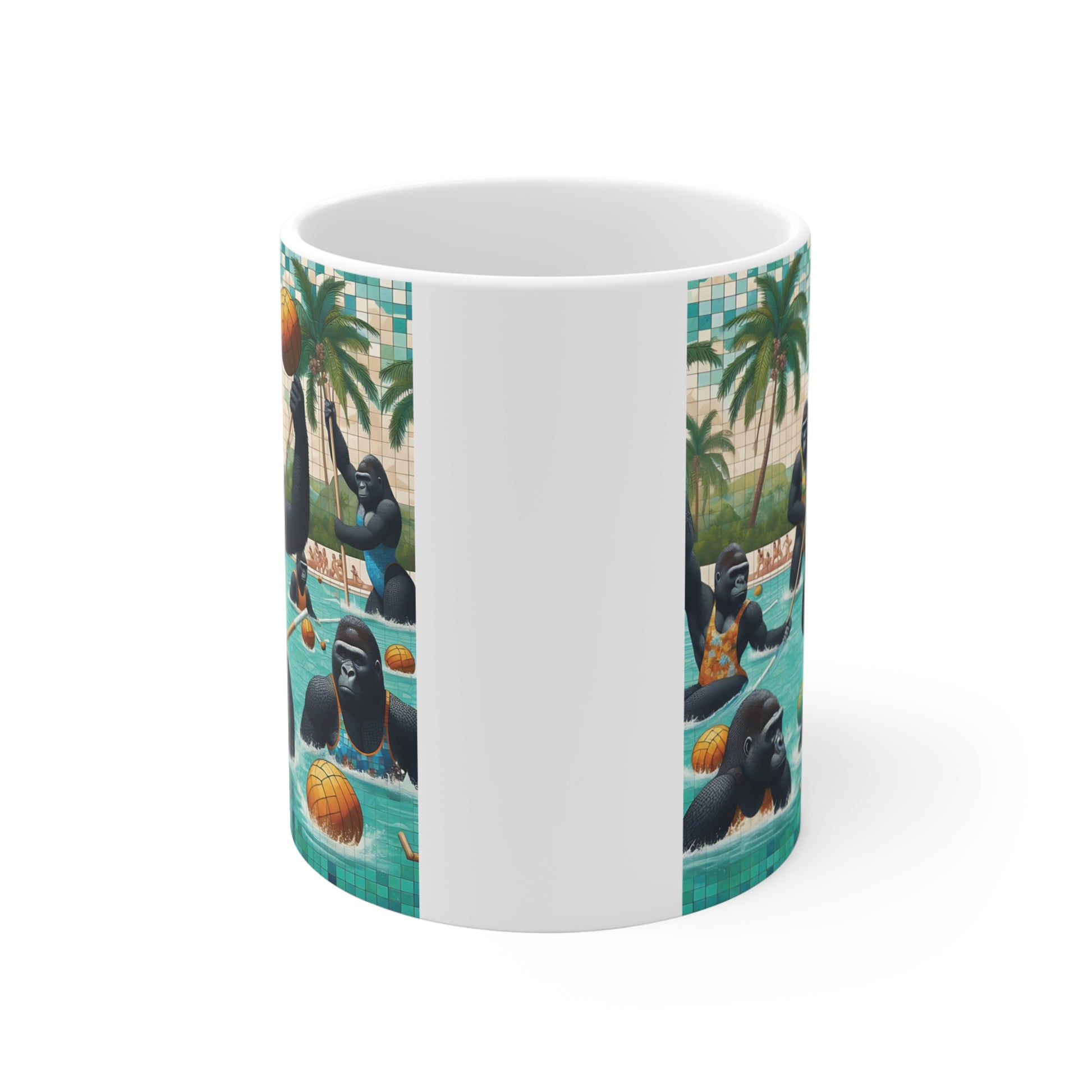 Funny gorilla sports coffee mug with palm trees and swimming gorillas playing water polo in a vibrant turquoise pool, unique tropical animal art gift.