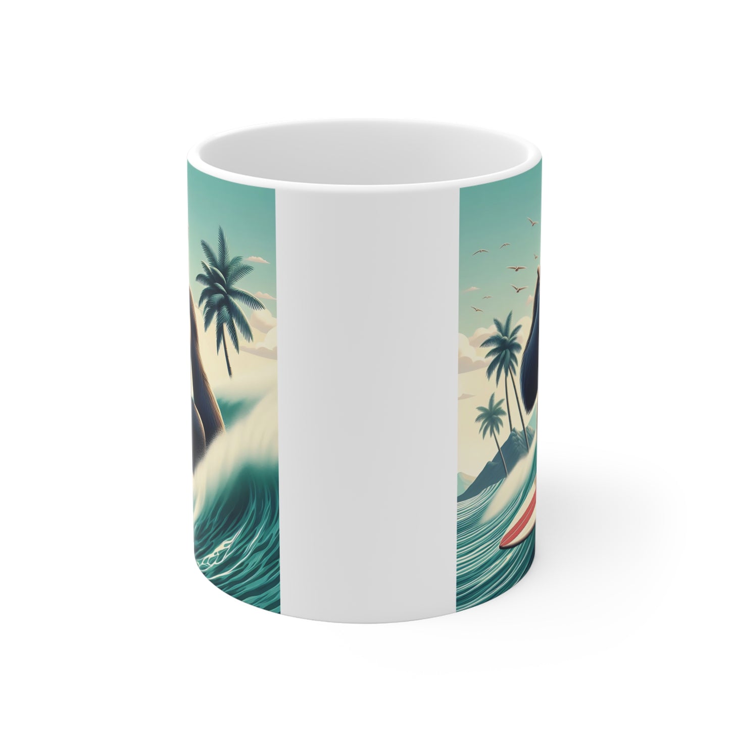 Funny gorilla surfer coffee mug featuring tropical ocean waves, palm trees, and stylish ape wearing sunglasses
