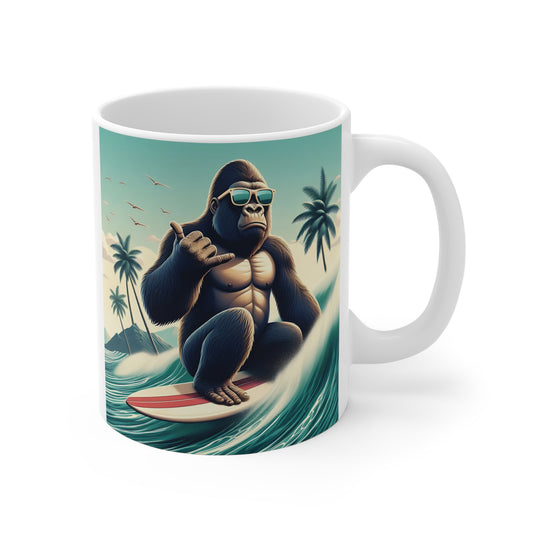 Cool surfing gorilla mug with sunglasses, tropical beach waves, and retro summer surf art on ceramic coffee cup