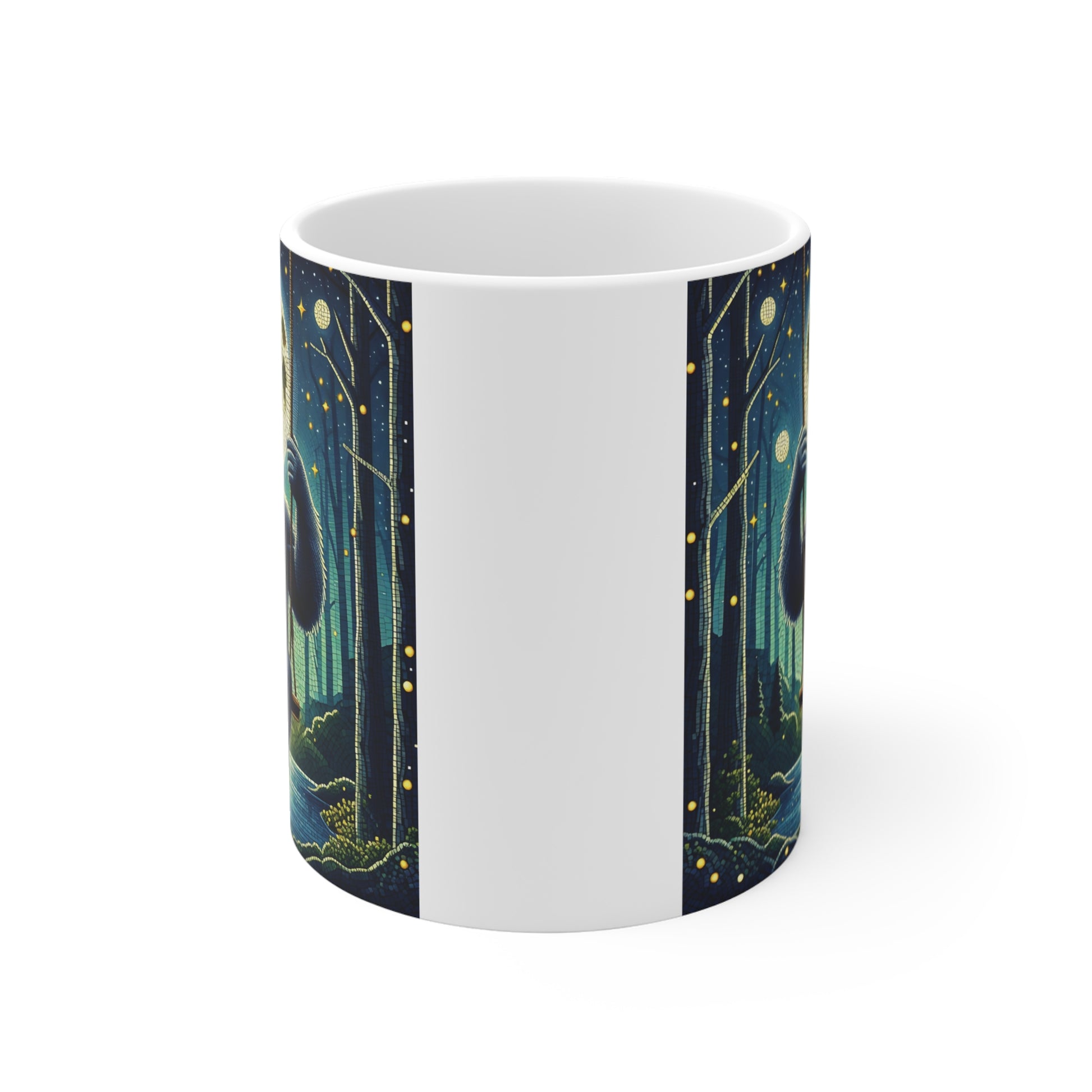 Ceramic mug featuring a gorilla on a swing under a glowing full moon, mosaic style wildlife artwork coffee mug