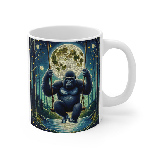 Gorilla swing mug with moon mosaic art design, funny gorilla coffee cup for animal lovers and nature aesthetic fans