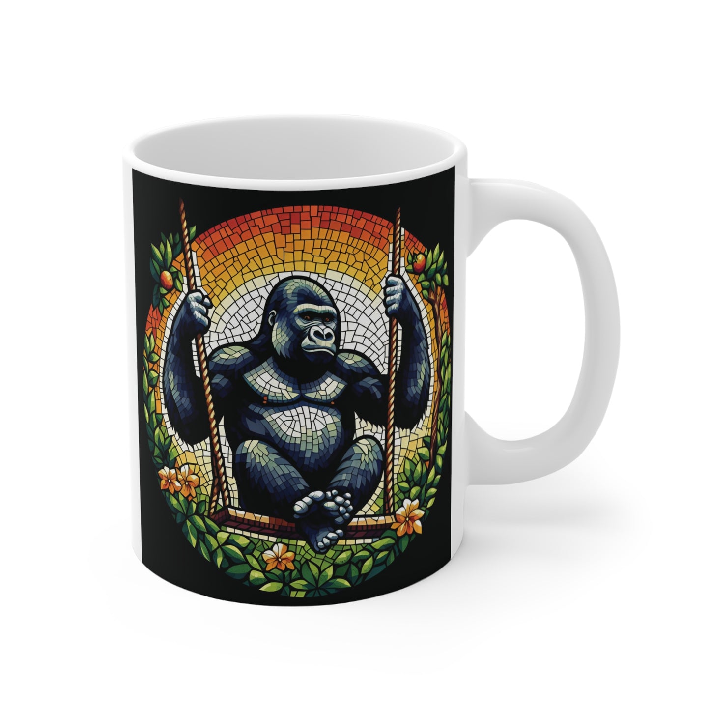 Gorilla sitting on a swing surrounded by flowers and foliage in a vibrant stained-glass mosaic design printed on a black coffee mug.