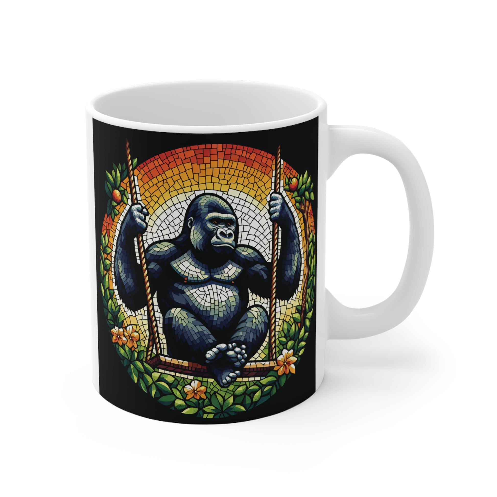 Gorilla sitting on a swing surrounded by flowers and foliage in a vibrant stained-glass mosaic design printed on a black coffee mug.