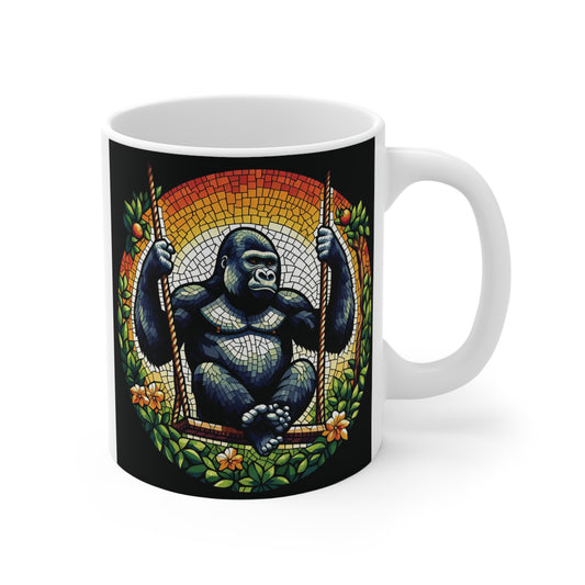 Gorilla sitting on a swing surrounded by flowers and foliage in a vibrant stained-glass mosaic design printed on a black coffee mug.