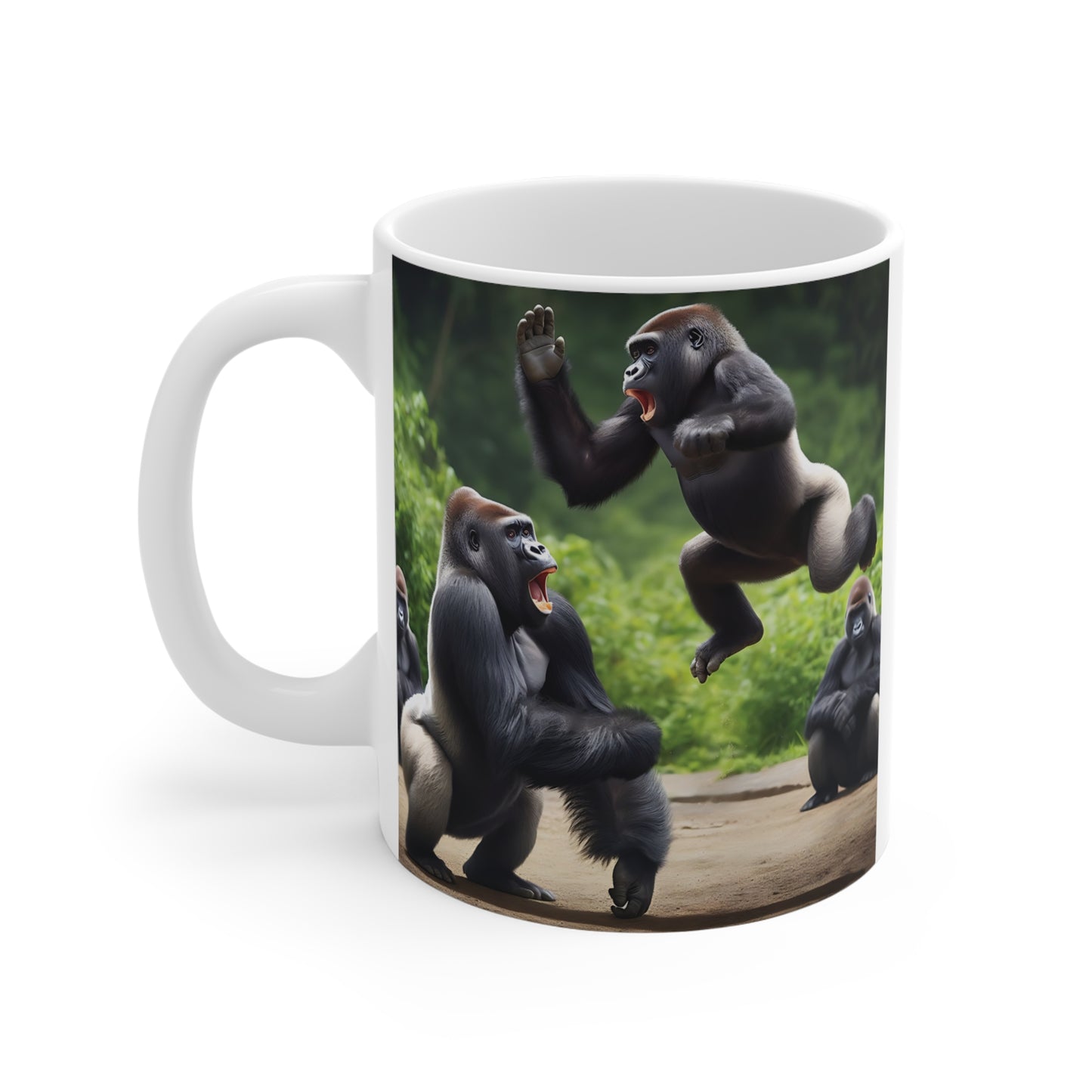 Gorilla-themed coffee mug with vibrant jungle scene and expressive ape characters, combining humorous animal art with a modern ceramic mug design.