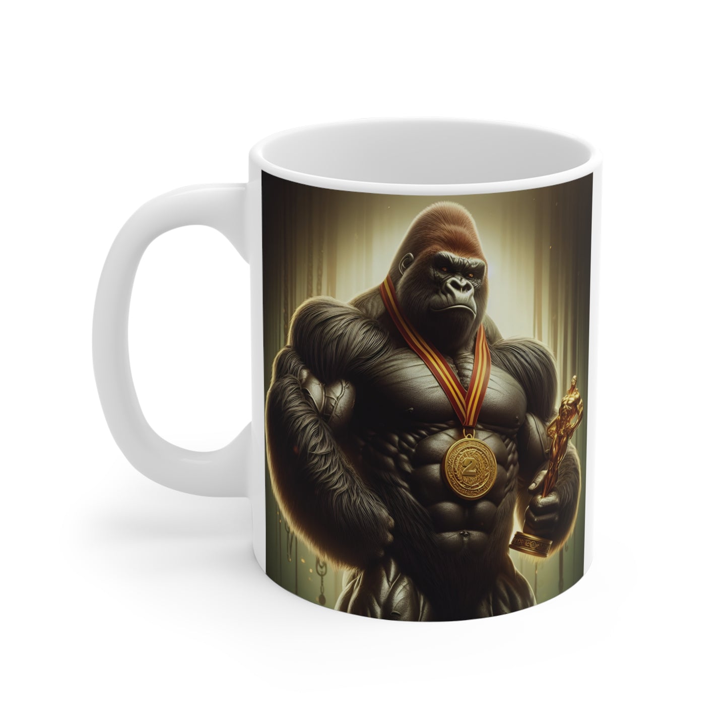 Motivational gorilla mug showcasing a strong silverback gorilla athlete with trophy and medal against a dramatic background.