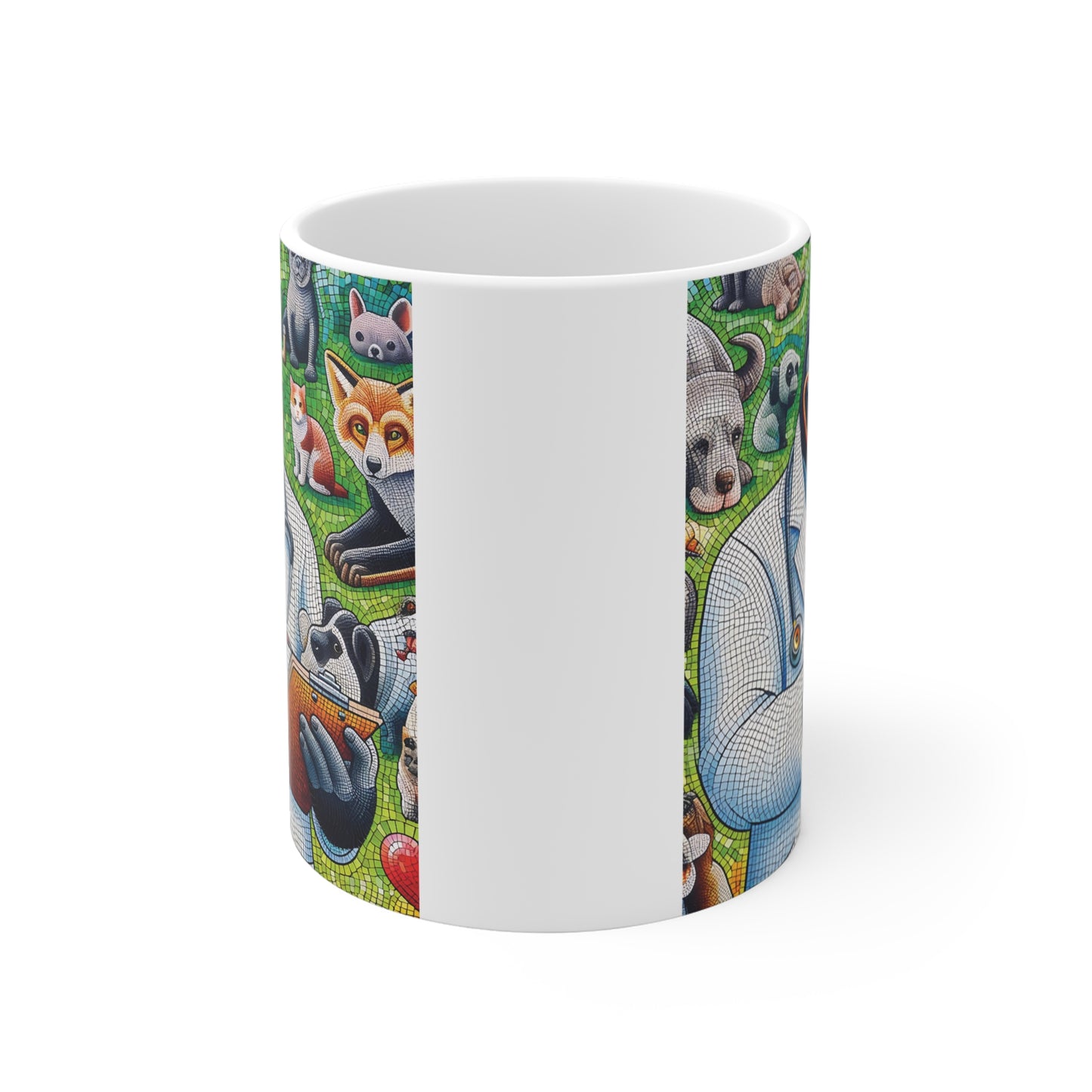 White coffee mug decorated with a mosaic illustration of a serious gorilla veterinarian examining animal patients, including cats, dogs, and rabbits, against a vibrant green background.