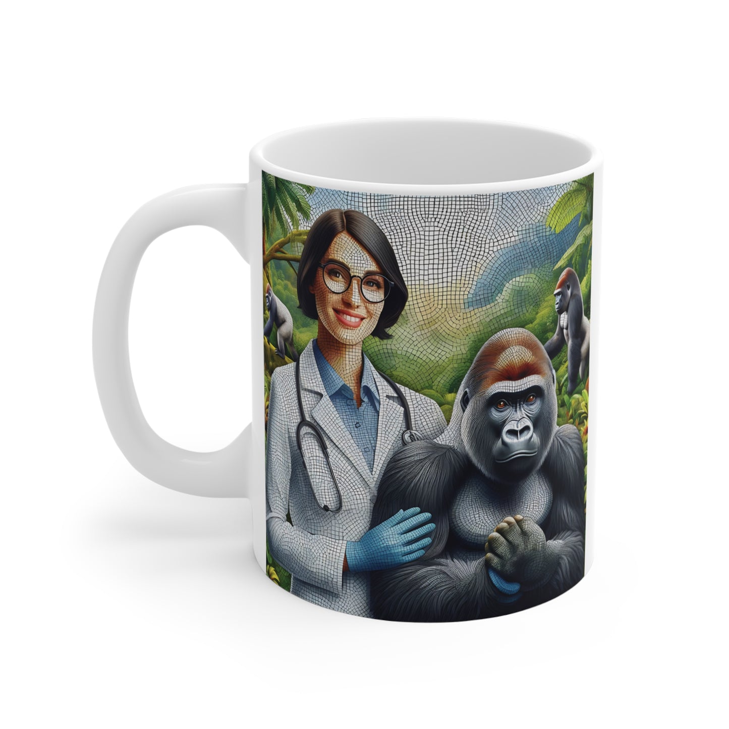 Artistic coffee mug featuring a female wildlife doctor in a lab coat and gloves next to a silverback gorilla, with vibrant jungle landscapes and mosaic-inspired detailing throughout the design.