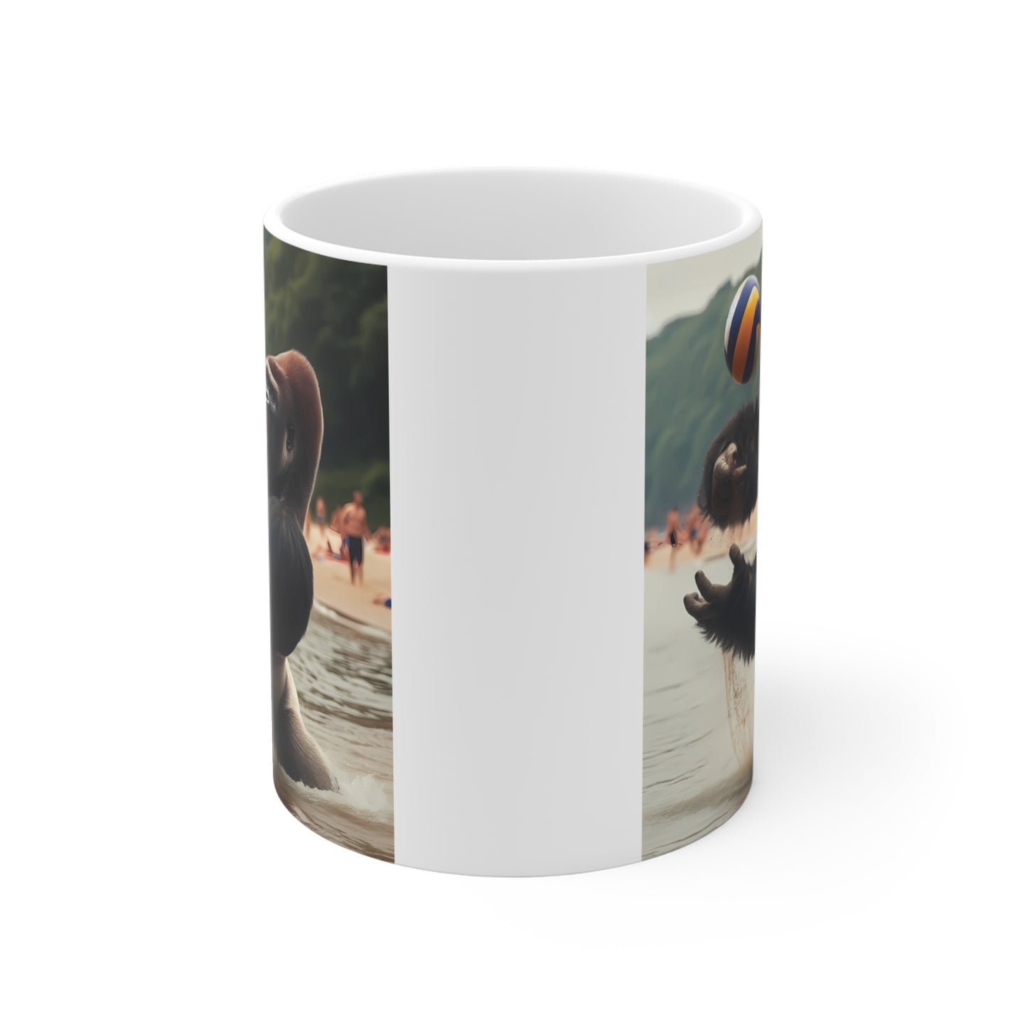 Gorilla athlete coffee mug with realistic jungle beach volleyball scene and dynamic sports animal artwork