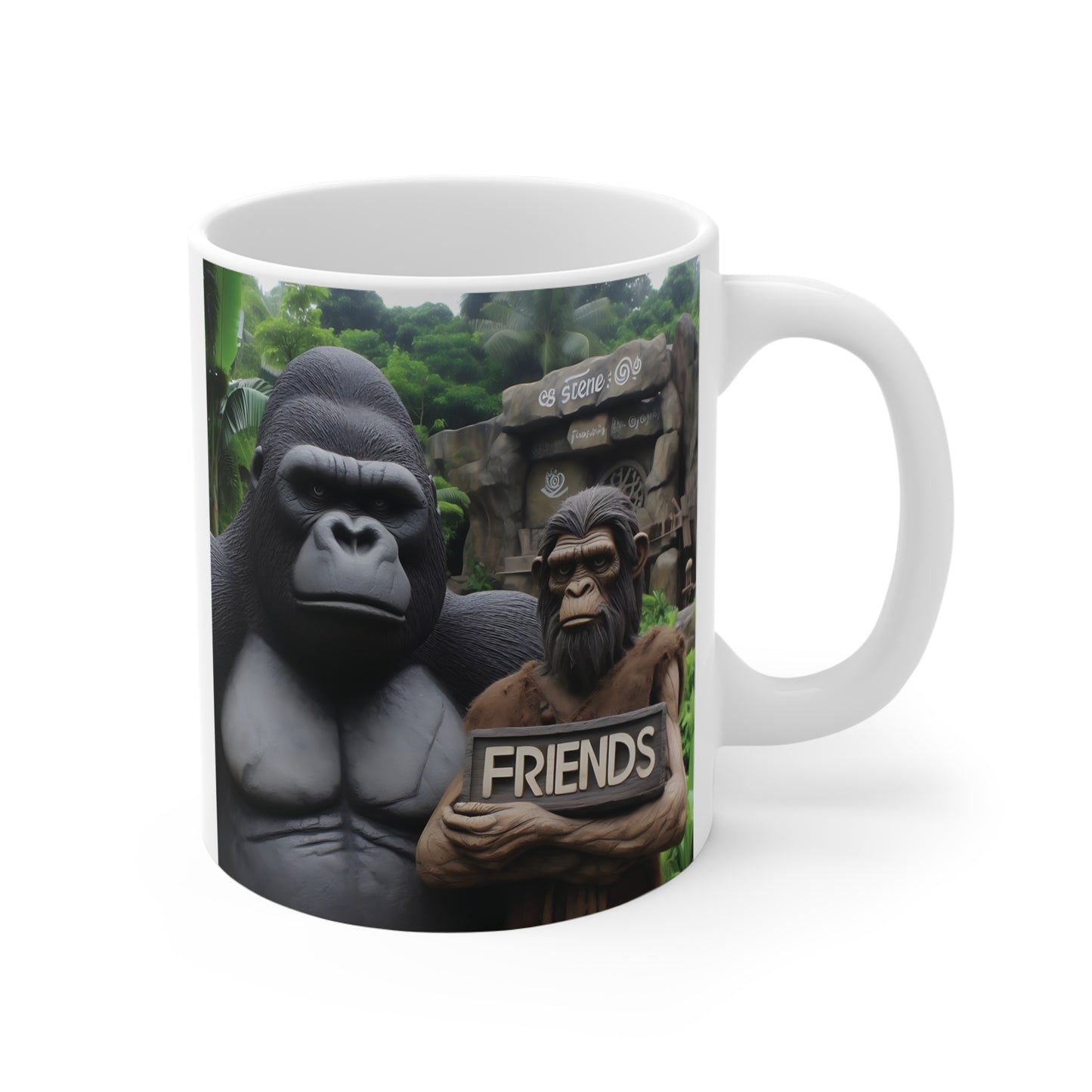 White ceramic coffee mug featuring a realistic gorilla and ape holding a “Friends” sign in a lush jungle setting, perfect for wildlife and animal lovers.