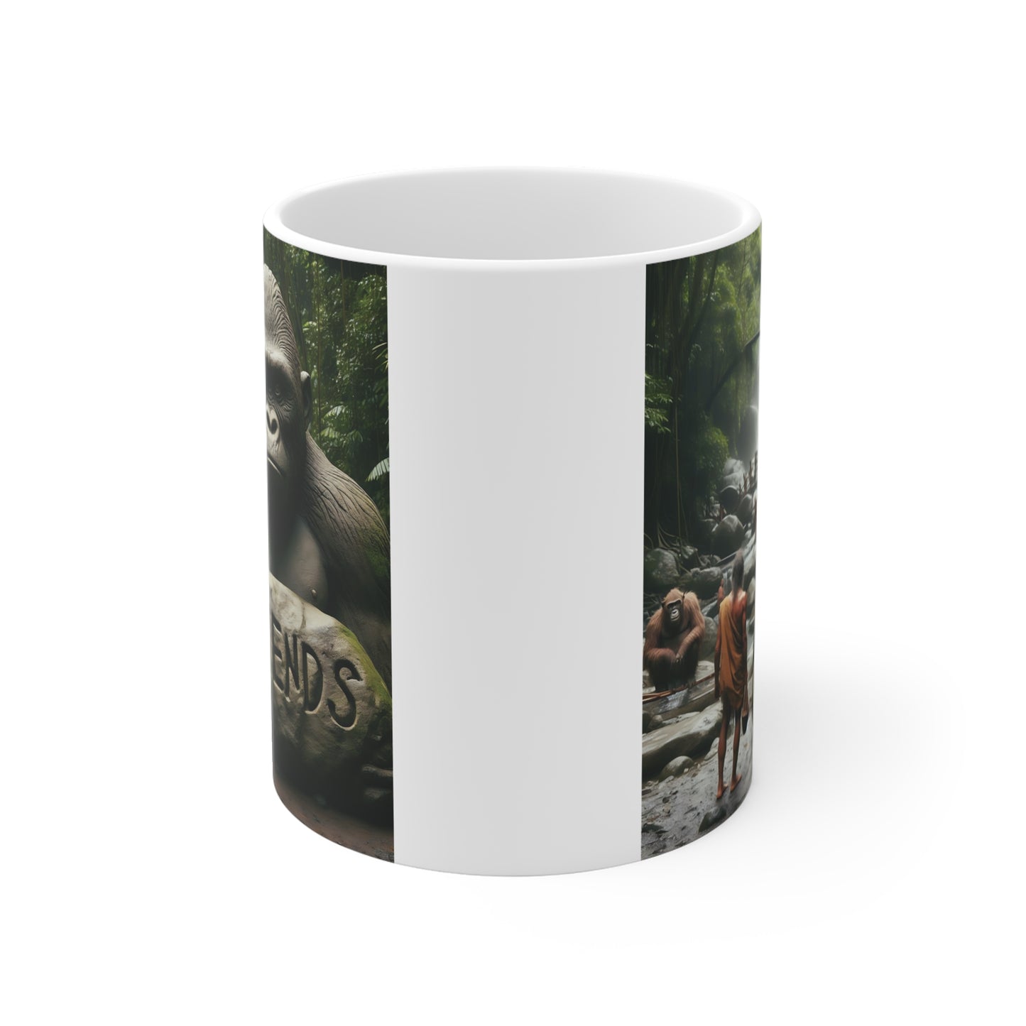 Wildlife gorilla artwork with waterfall and forest background featuring ‘friends’ message on ceramic mug