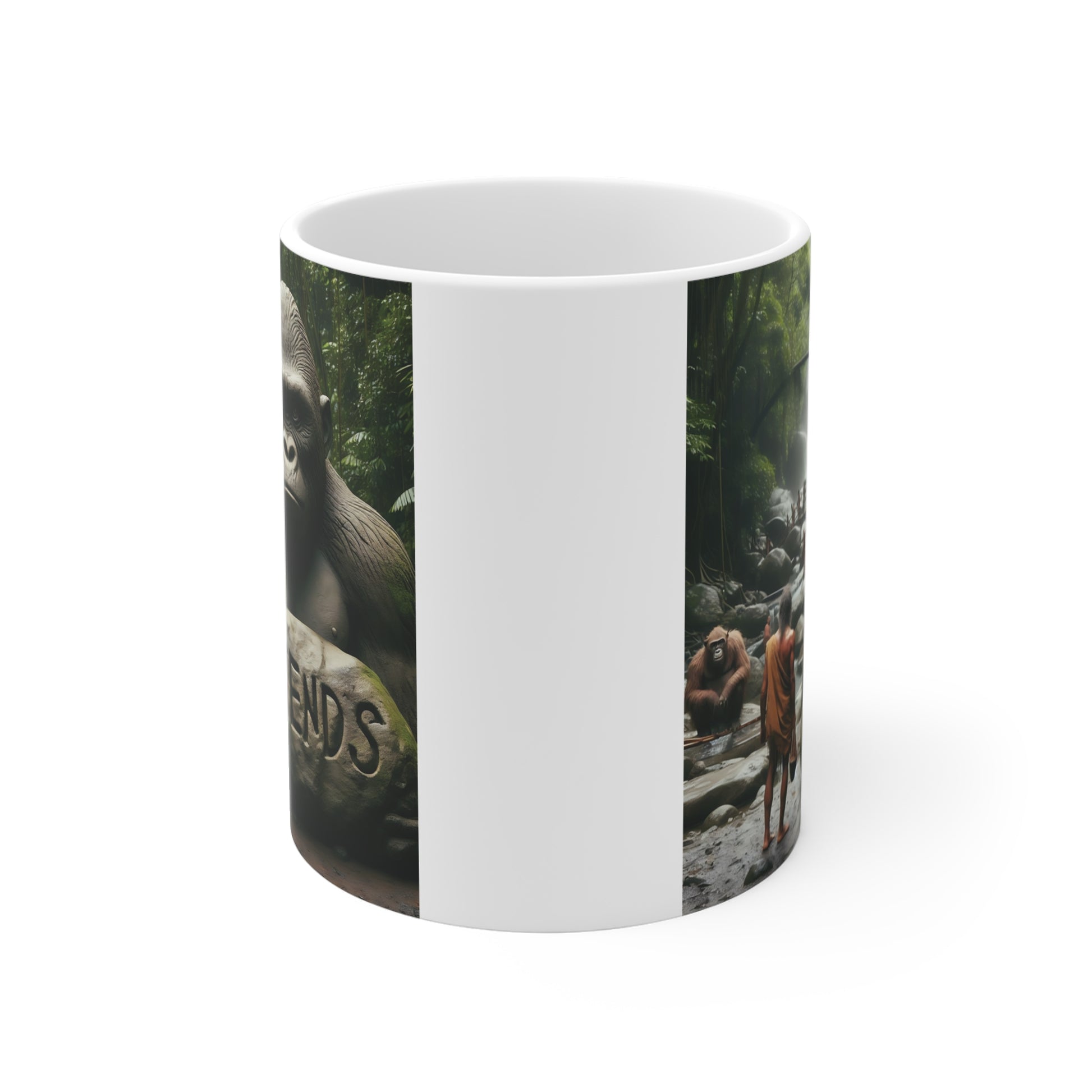 Wildlife gorilla artwork with waterfall and forest background featuring ‘friends’ message on ceramic mug