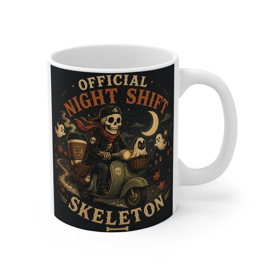 Official Night Shift Skeleton 11oz ceramic coffee mug featuring a vintage skeleton riding a scooter under the moon with retro gothic artwork and bold typography.