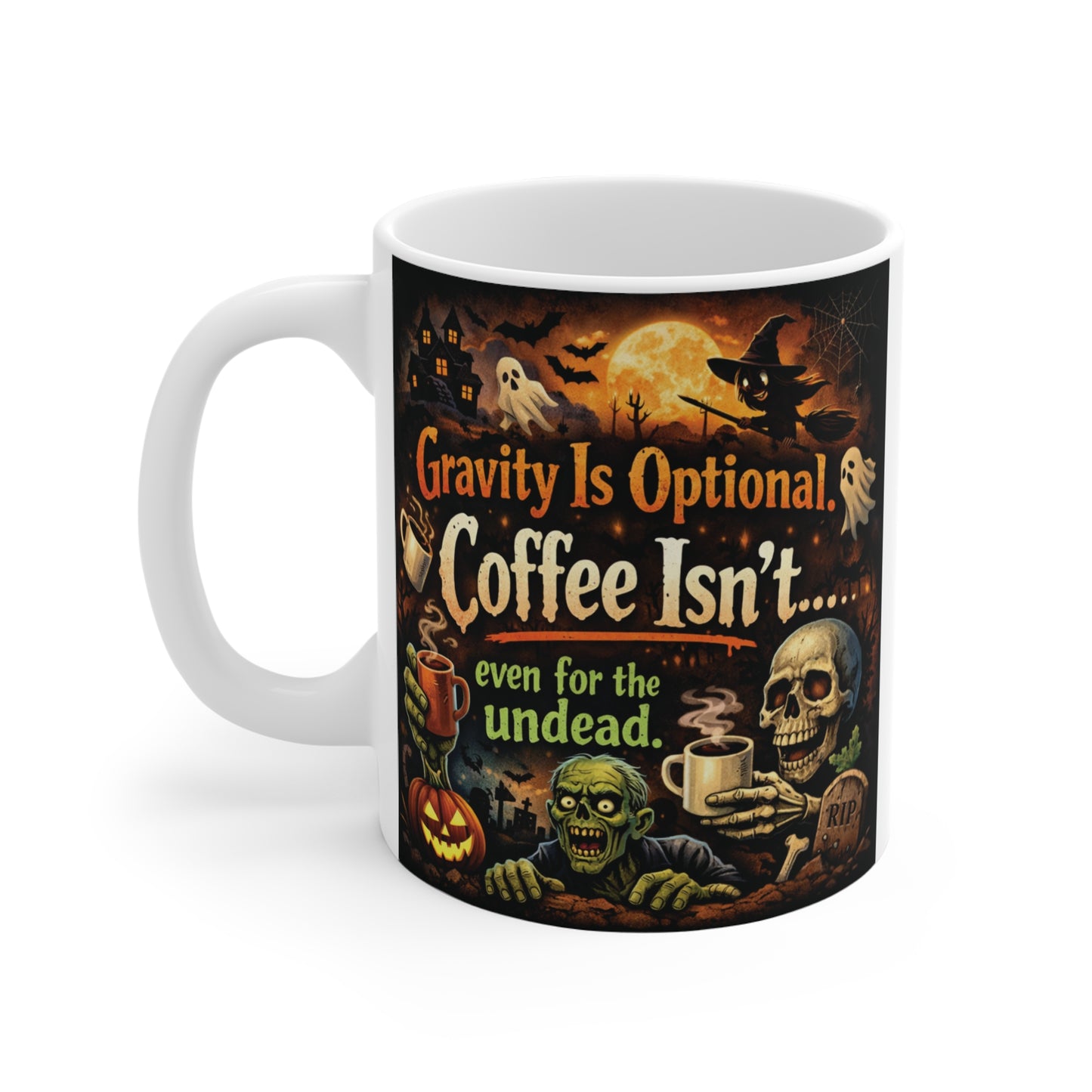 an 11 oz white coffee cup with a dark, Halloween undead theme and comfortable C-handle.