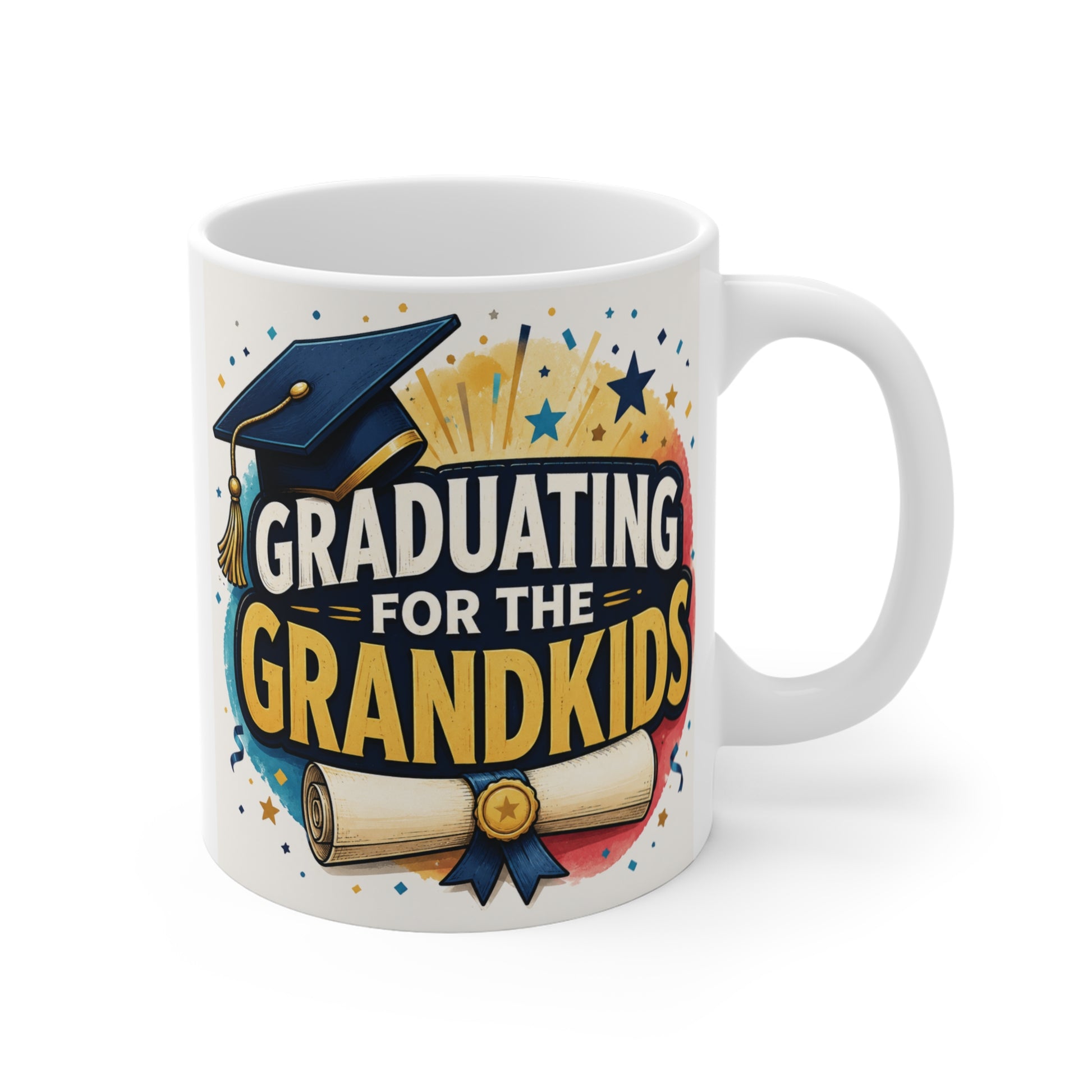 Graduating For The Grandkids 11oz white ceramic coffee mug with colorful graduation cap, diploma, and bold typography, perfect as an adult graduation gift for grandparents.