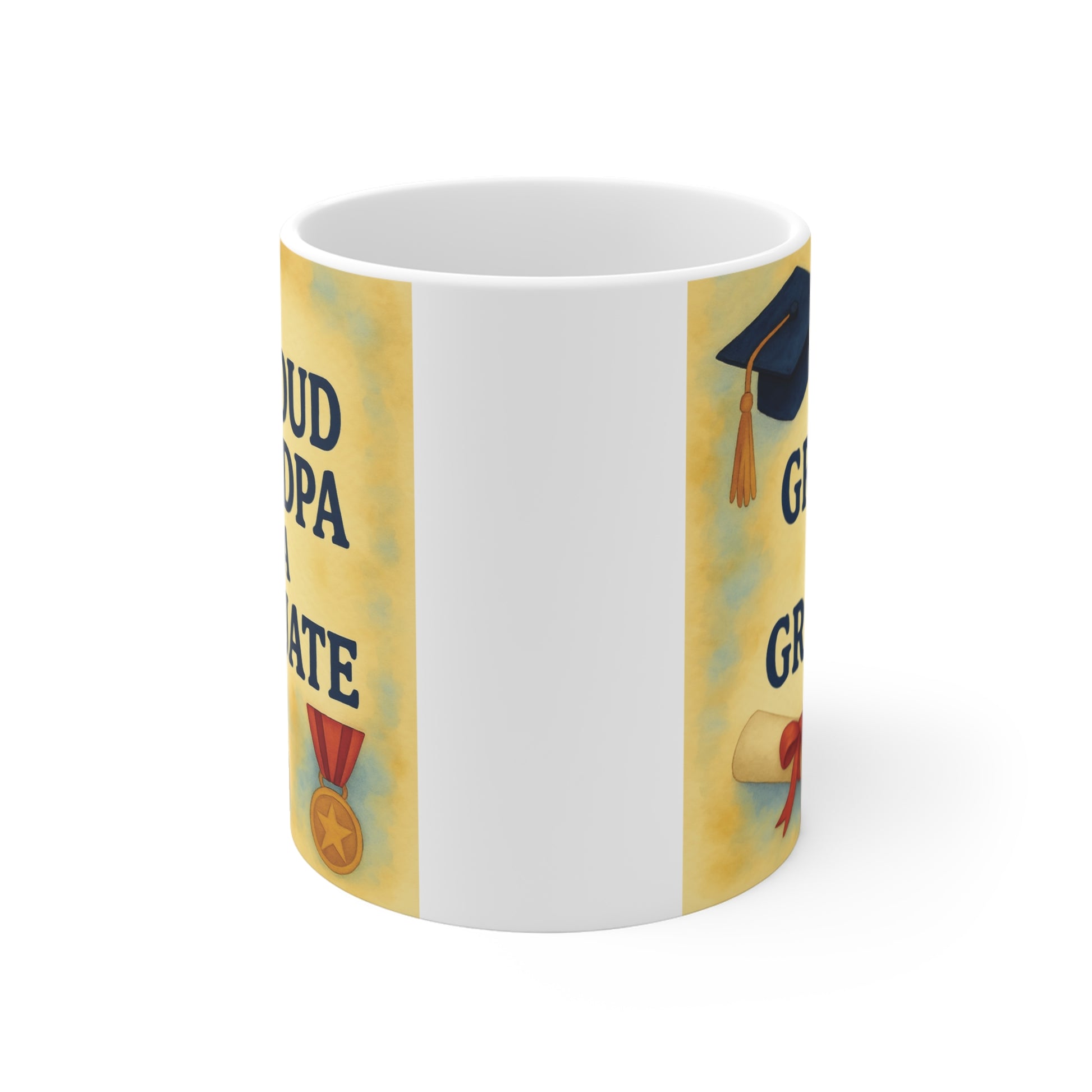 White graduation coffee mug with Proud Grandpa of a Graduate design, decorated with a graduation cap and diploma, ideal keepsake for college or high school graduation.