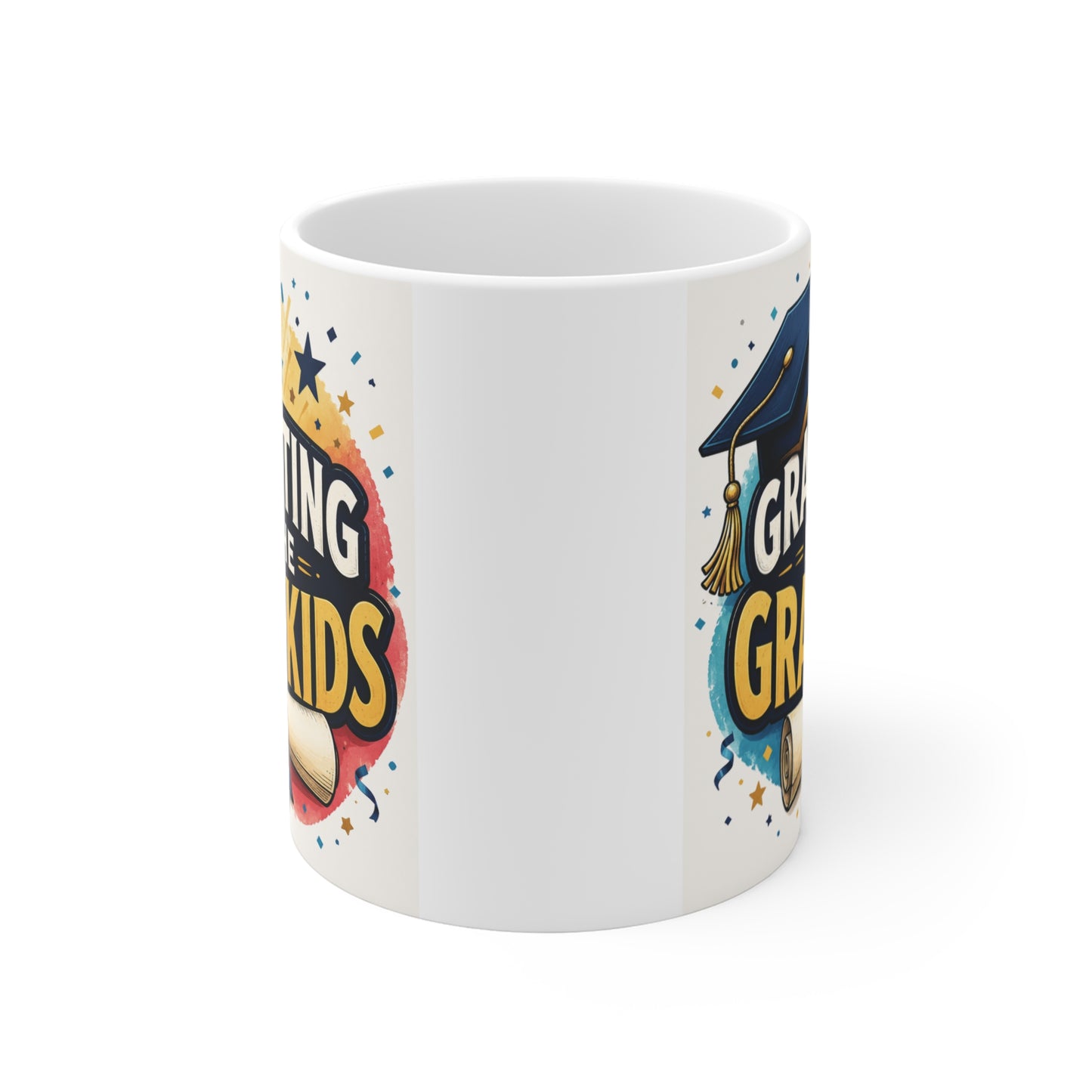 White 11oz graduation coffee mug featuring the phrase "Graduating For The Grandkids" with graduation cap, diploma scroll, and celebratory confetti for grandma or grandpa graduates.