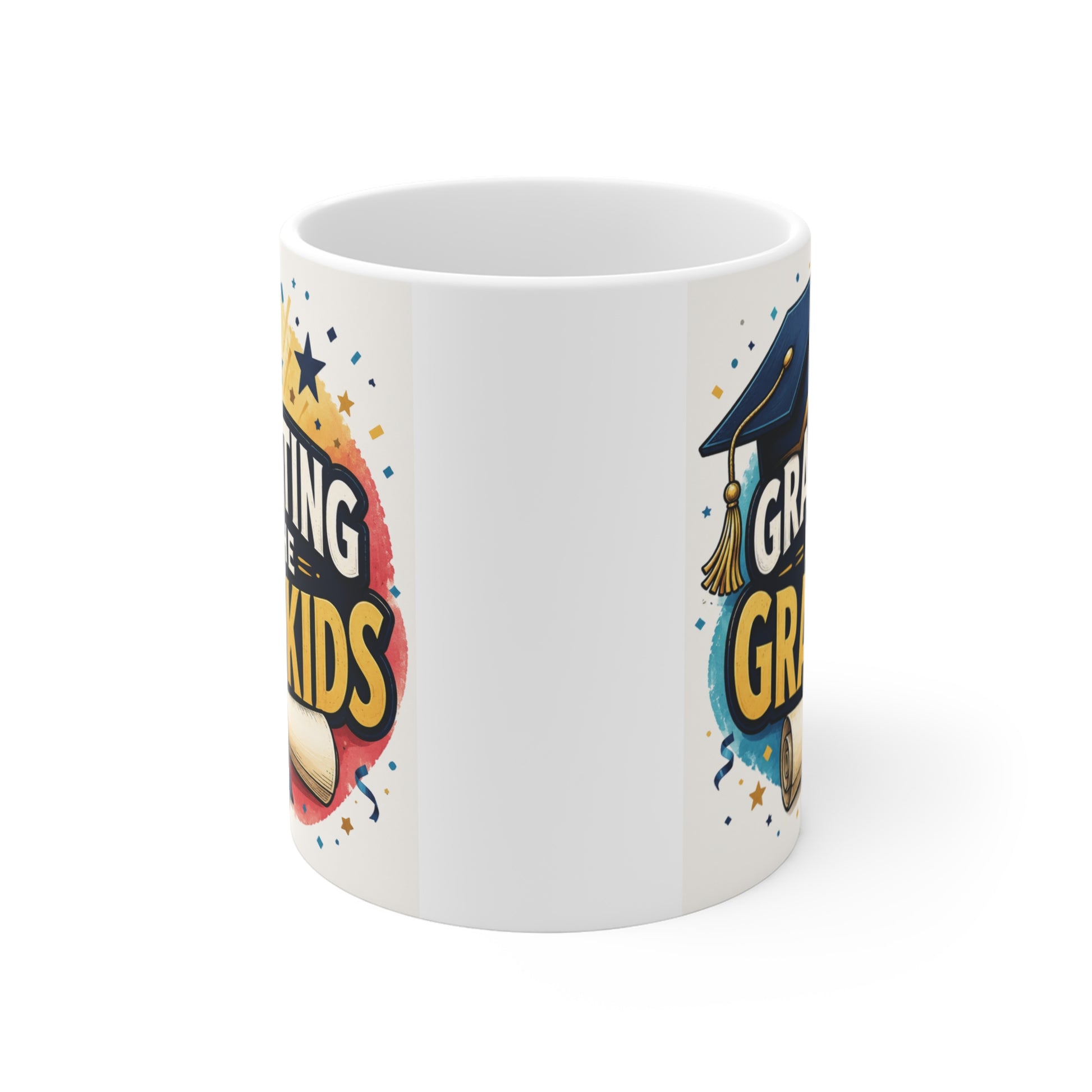 White 11oz graduation coffee mug featuring the phrase "Graduating For The Grandkids" with graduation cap, diploma scroll, and celebratory confetti for grandma or grandpa graduates.