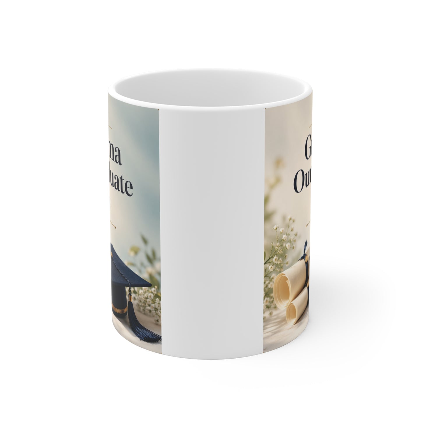 White ceramic graduation mug featuring Grandma Our Graduate Hero artwork for college graduation gift.