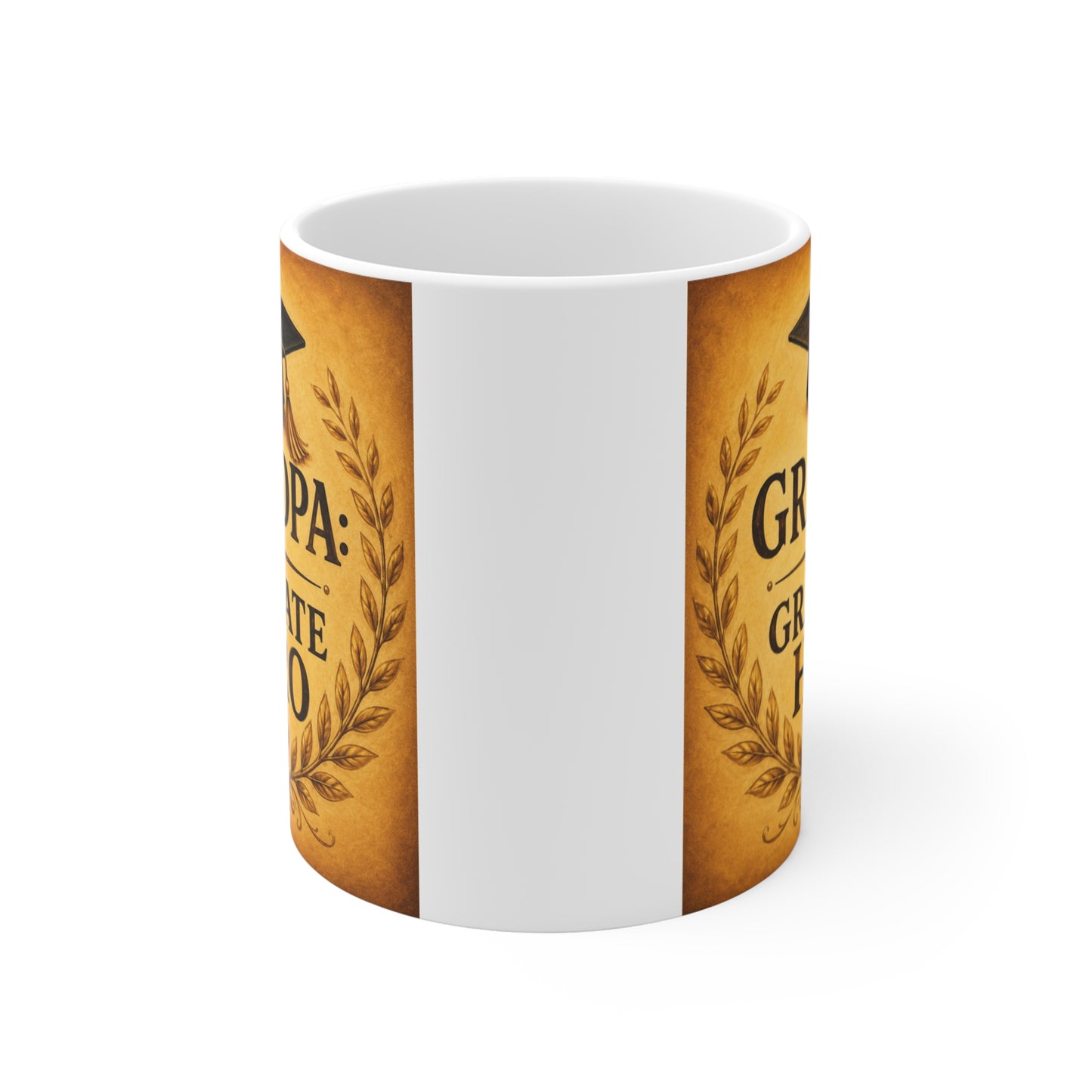 Ceramic graduation mug for Grandpa featuring a black graduation cap, elegant laurel wreath, and "Grandpa Our Graduate Hero" typography in a vintage gold design.
